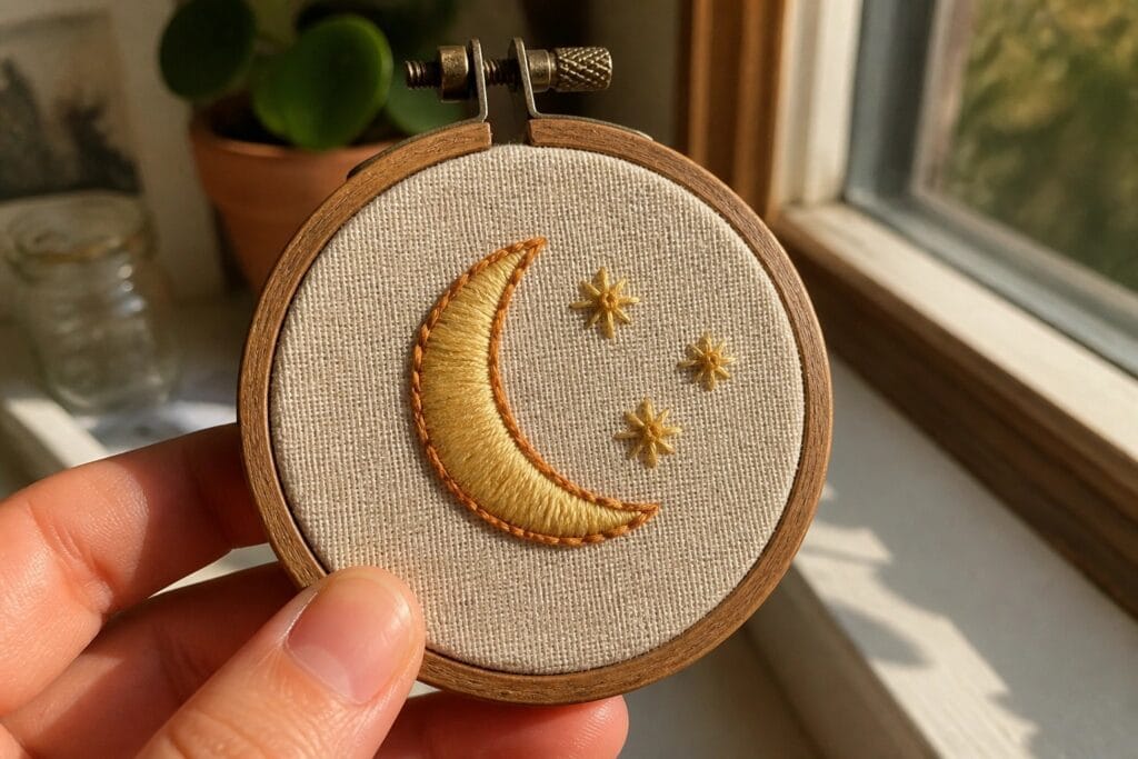 Wooden hoop with embroidered blue moon and stars on beige fabric over denim lap.