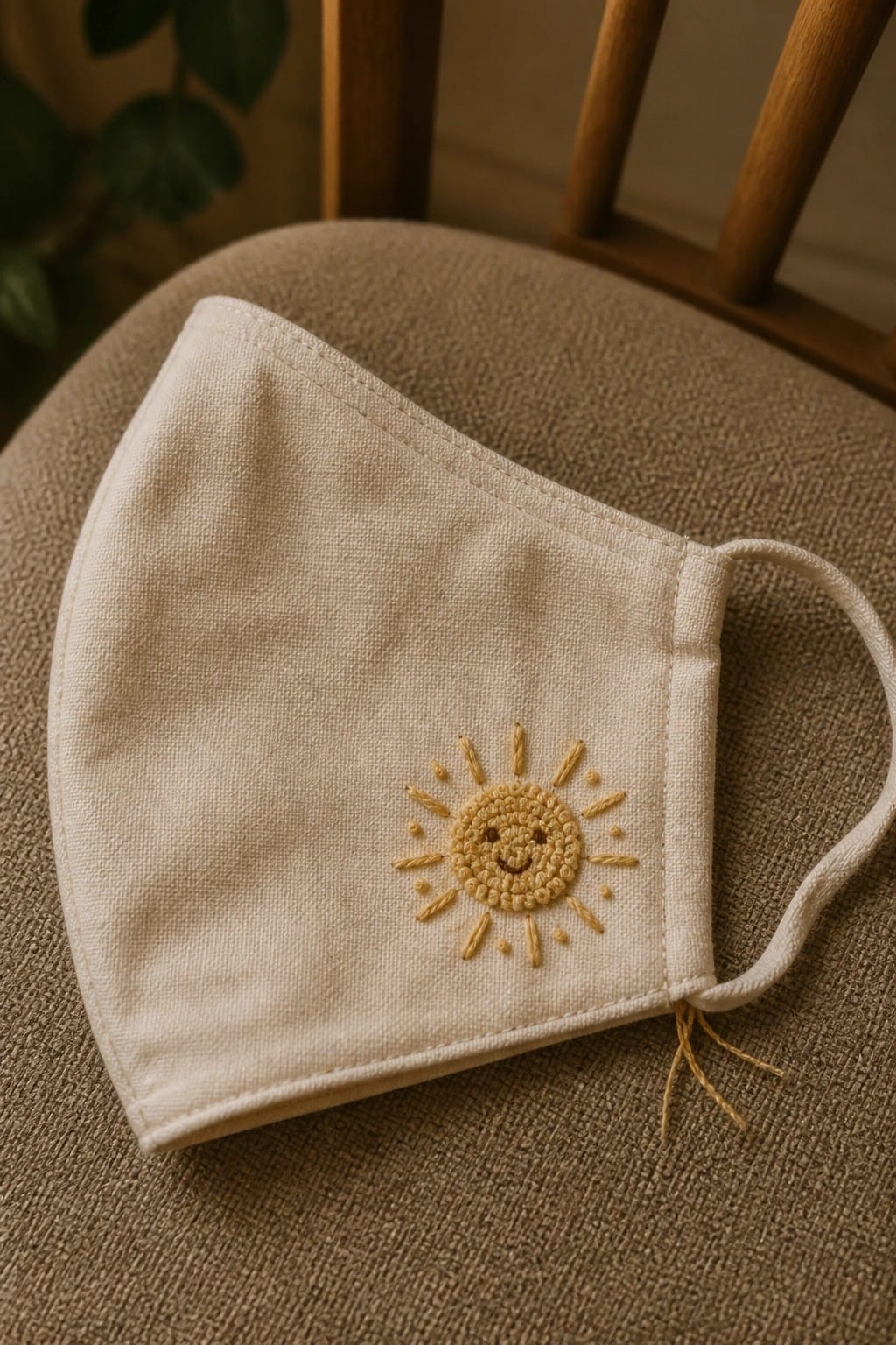 Gray satin sleep mask with embroidered hedgehog and stars on pillow