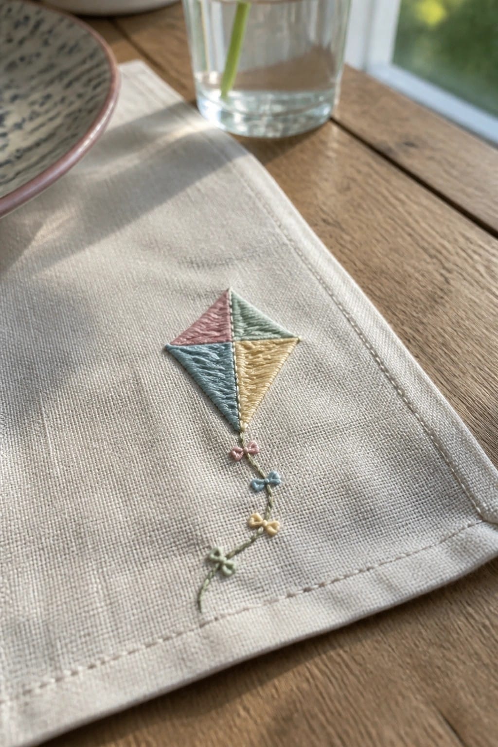 Embroidered kite with four pastel color sections and a string of small bows on a beige linen napkin.