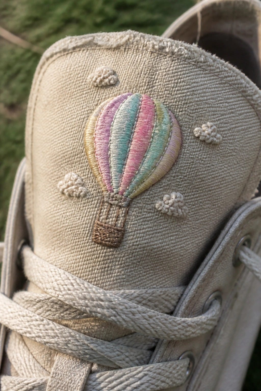 A close-up of a white knitted sweater cuff showing a pink embroidered heart on the left and three small red cherries with green stems on the right.