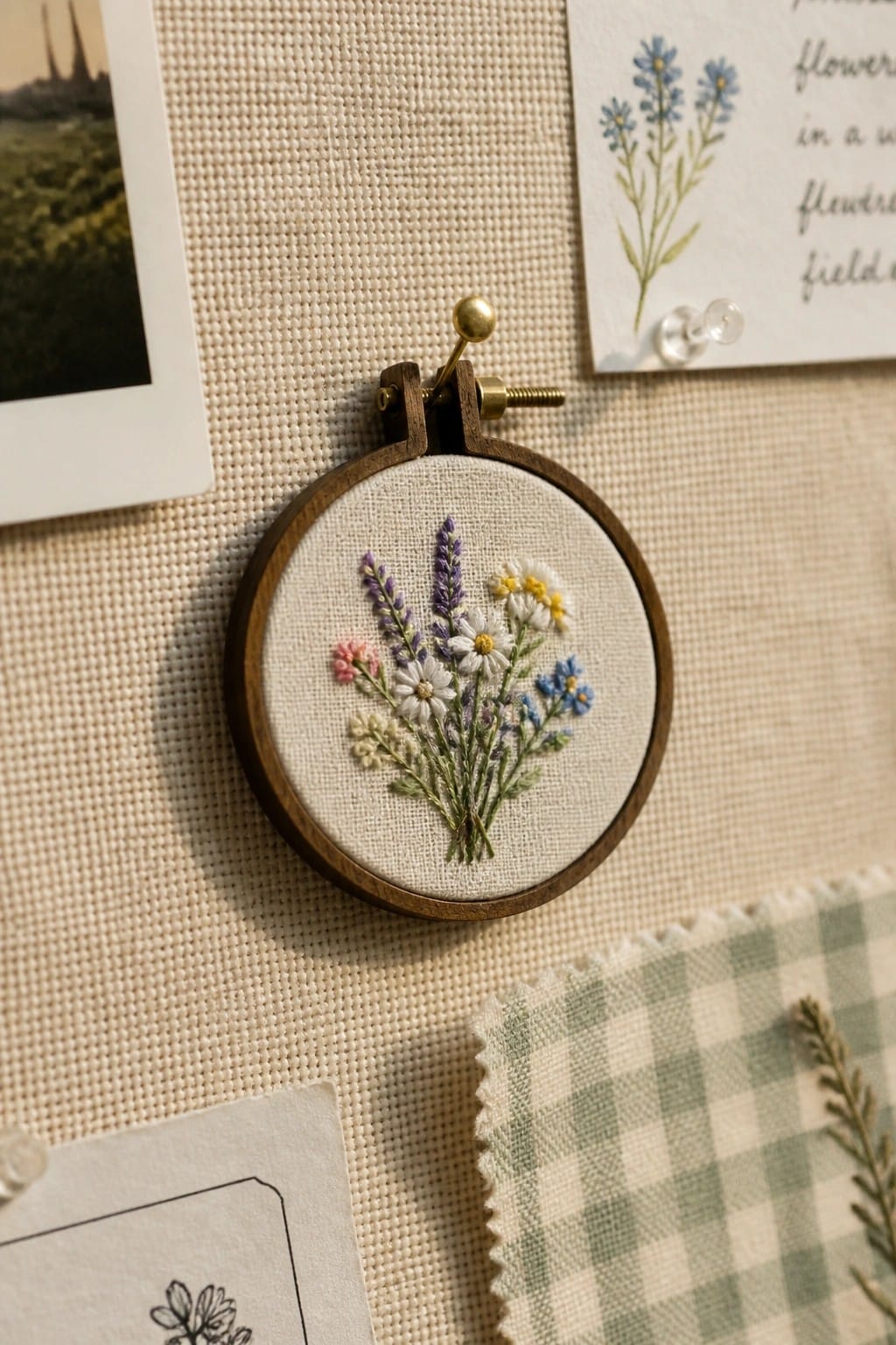 Small wooden hoop with embroidered wildflower bouquet of daisies, lavender, and blue flowers on beige fabric.