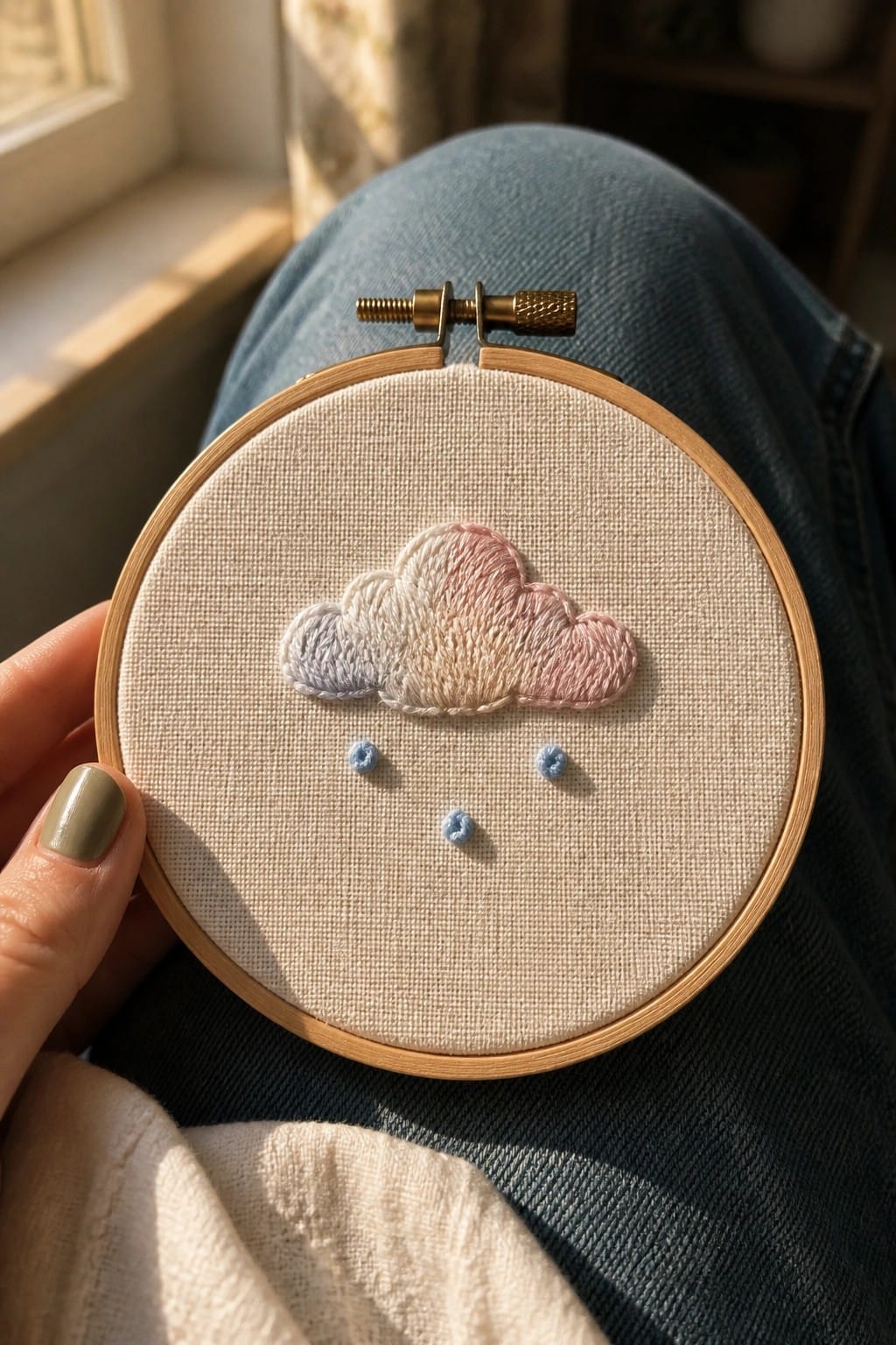 Small embroidery hoop with a pastel cloud and three blue dots on beige fabric held over denim.