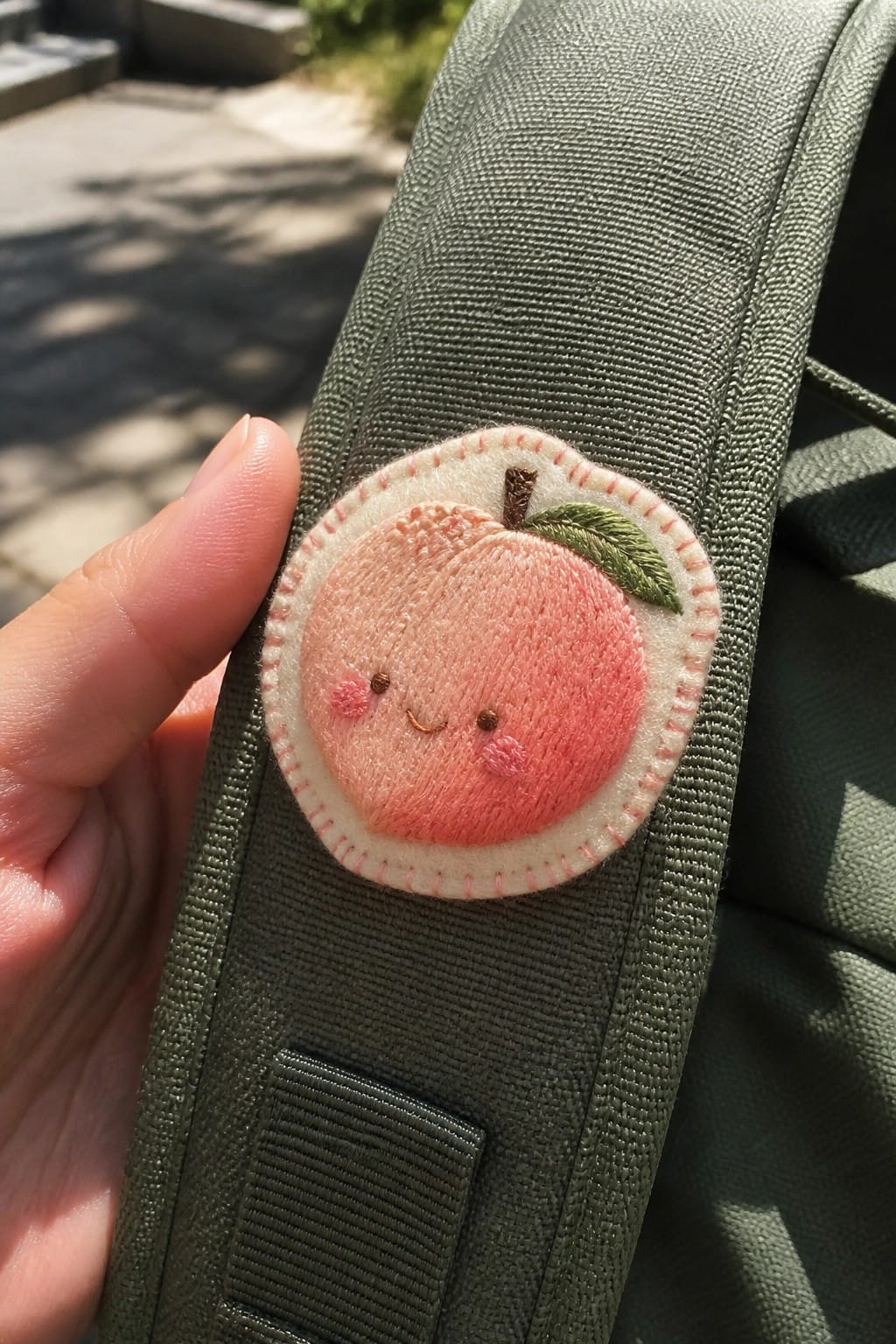 Hand holding green strap with cute embroidered smiling peach patch