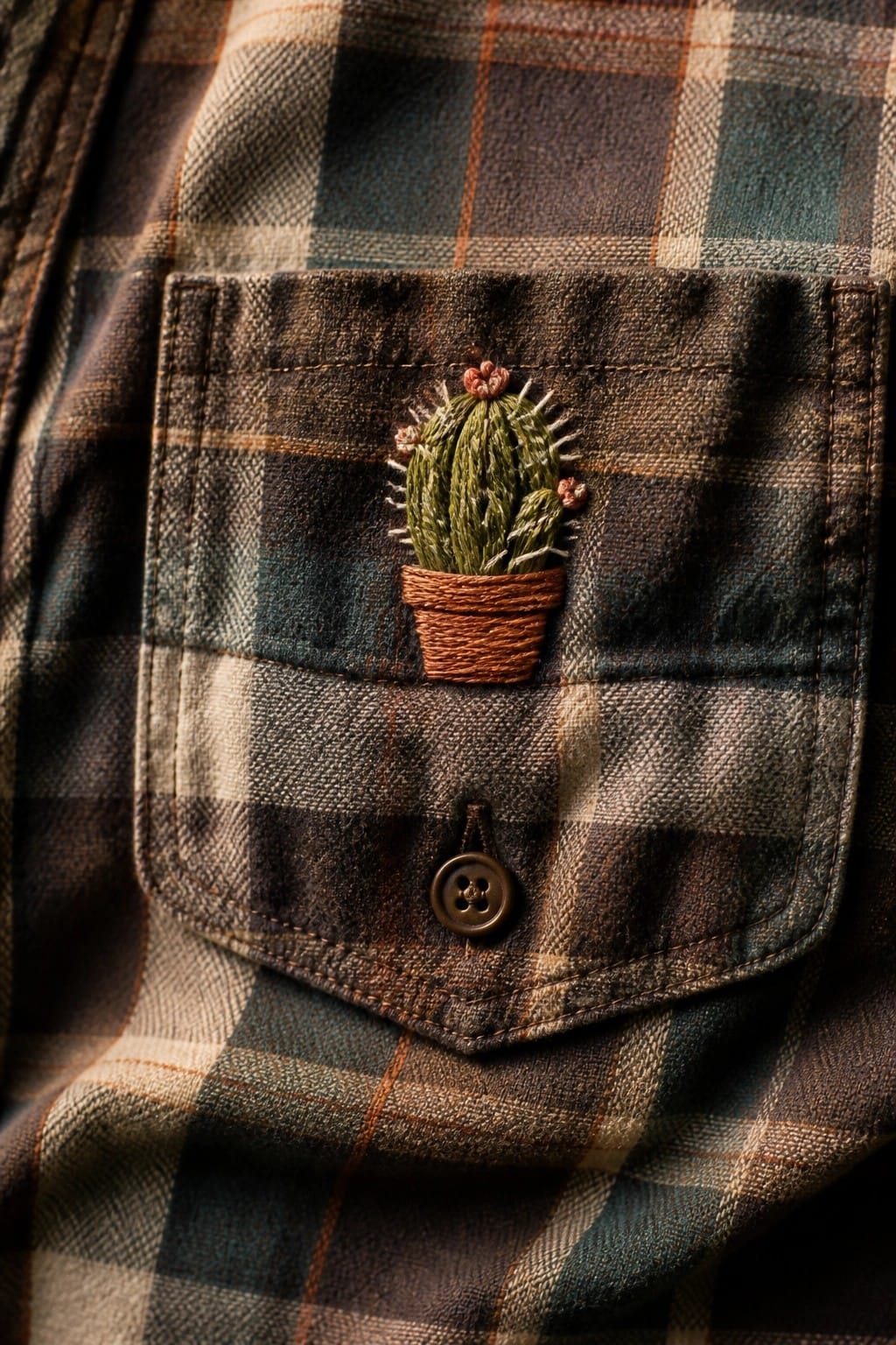 Embroidered green cactus with pink flowers in brown pot on plaid shirt pocket