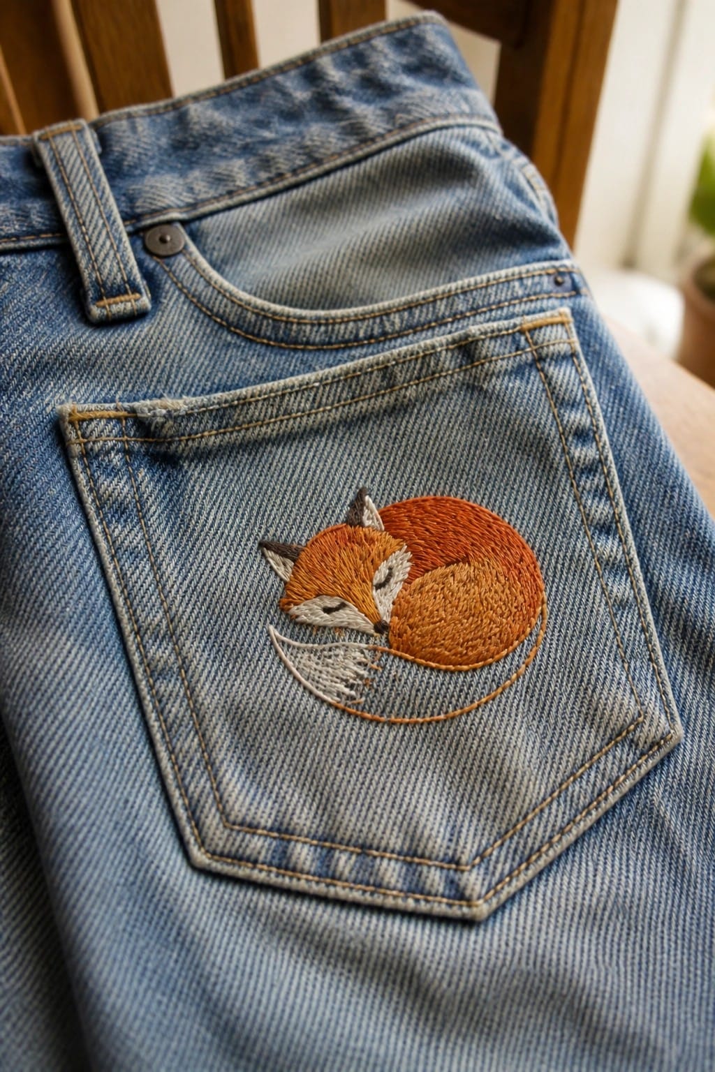 Blue denim jeans with sleeping orange fox embroidered on back pocket