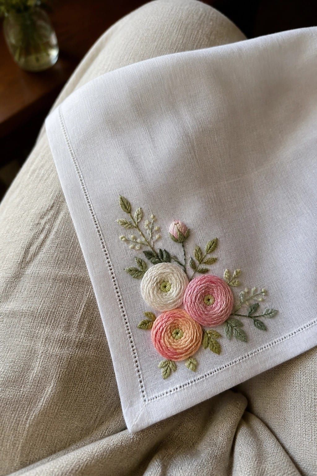 A white scrunchie with three small embroidered stars in beige thread on a wooden surface.