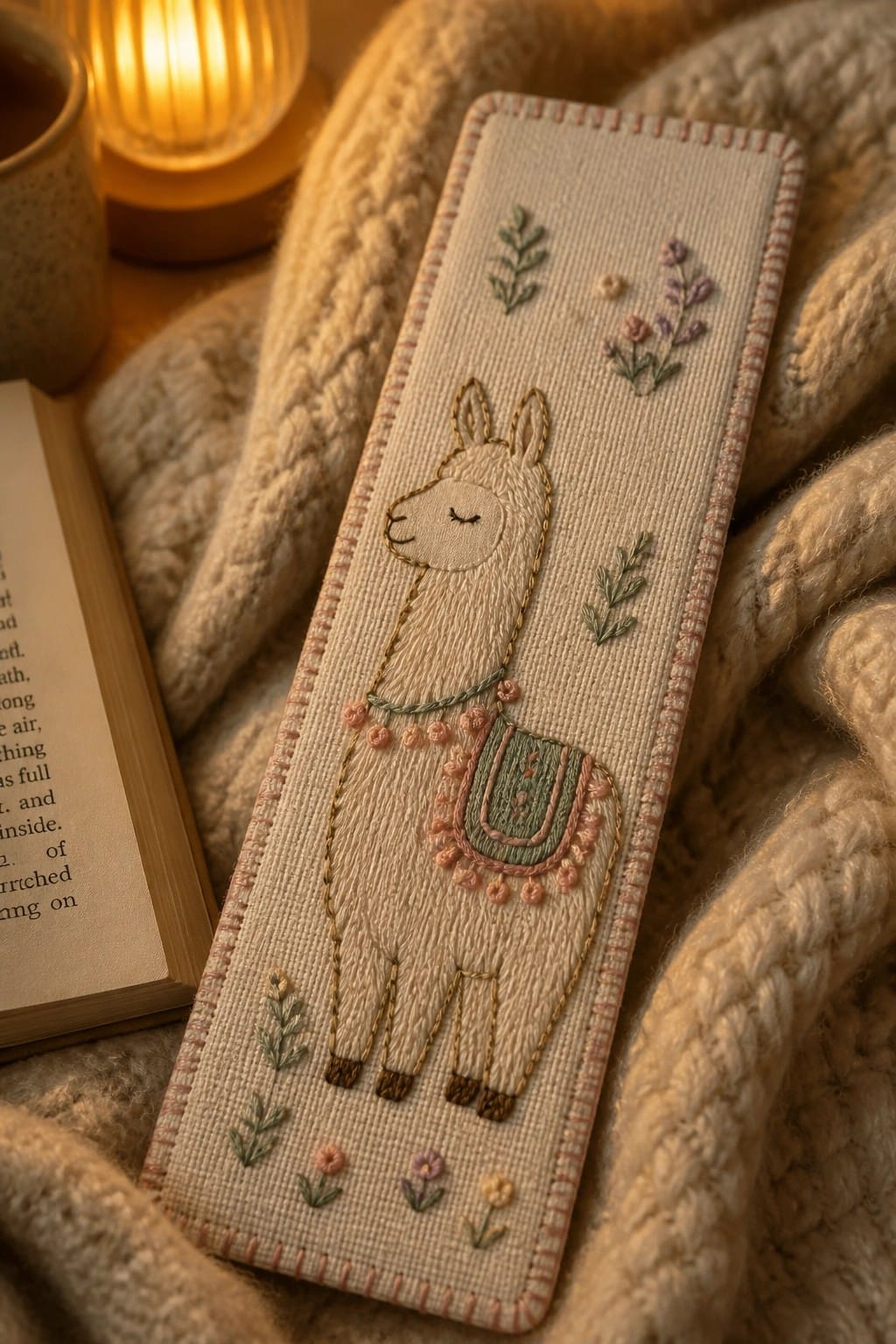 Embroidered white pouch with green succulent in terracotta pot on wooden table