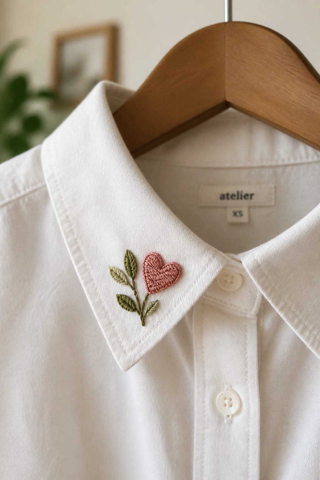 White collared shirt with pink tulip embroidery and green leaf on collar.