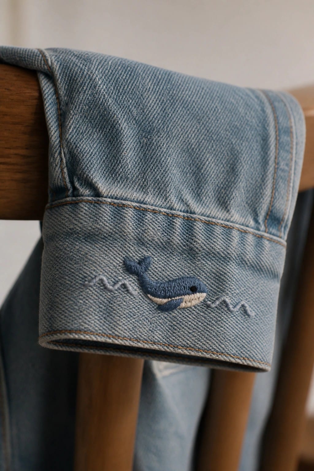 Close-up of light blue denim cuff with small embroidered blue whale and two wavy lines.