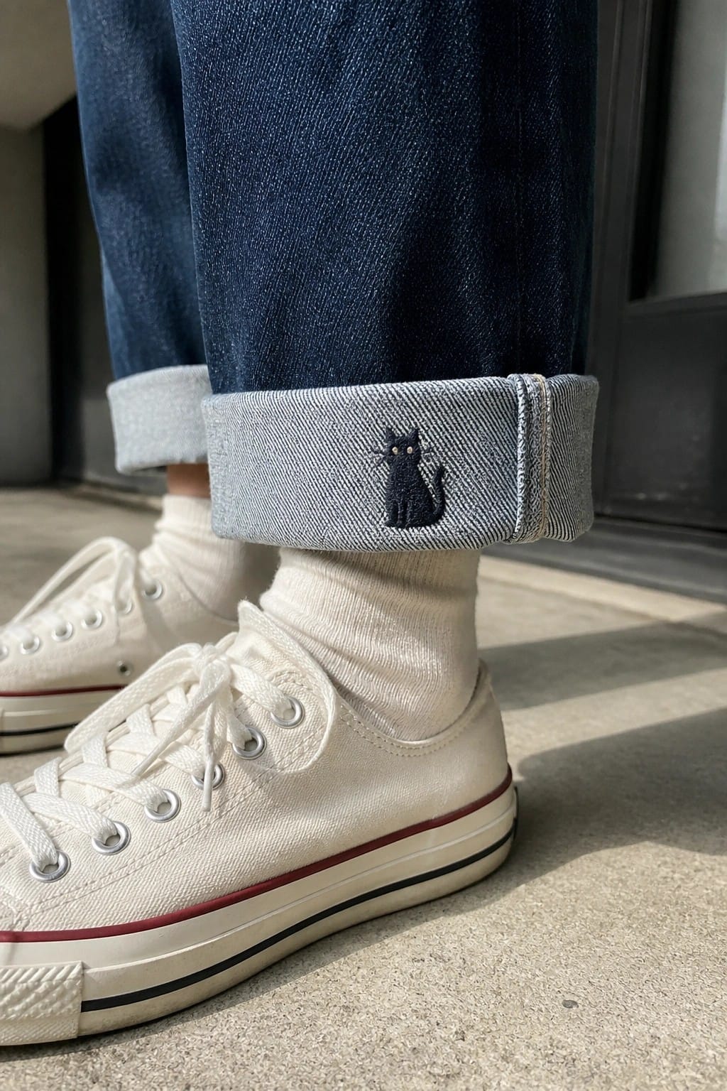 Blue embroidered whale with bubbles on the cuff of a denim jacket.