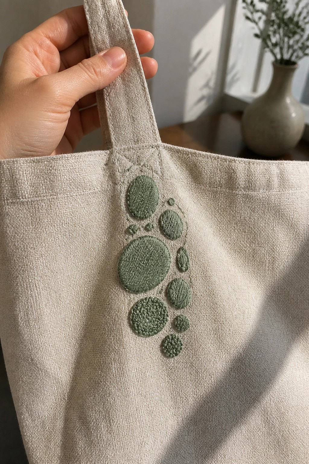 Hand holding beige tote bag with green embroidered circles in sunlight