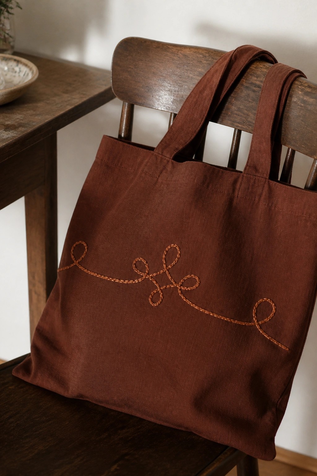 Brown tote bag with light brown looping line embroidery across the front panel resting on a wooden chair.
