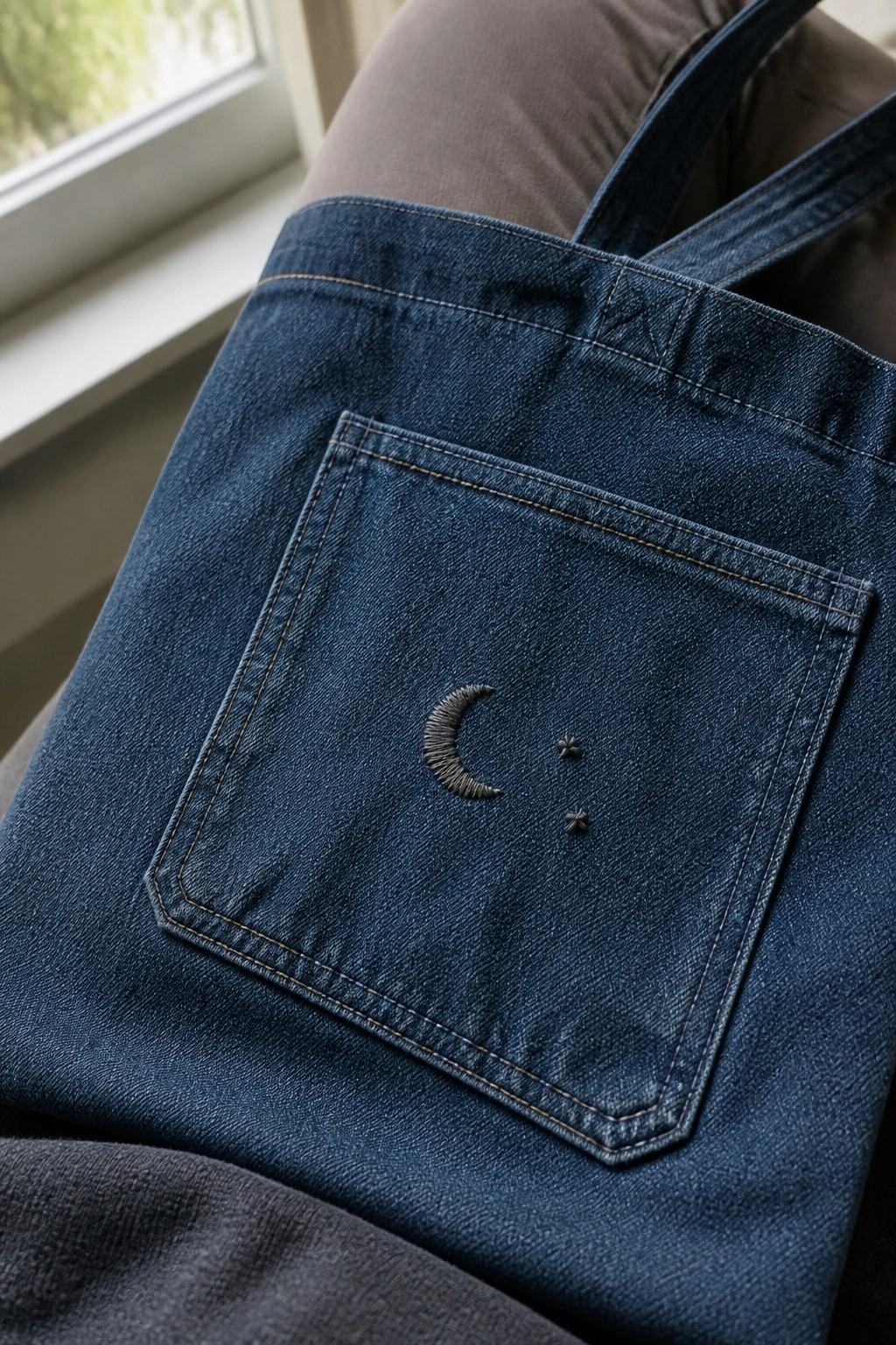 Close-up of a blue denim tote bag pocket embroidered with a dark crescent moon and two small stars.