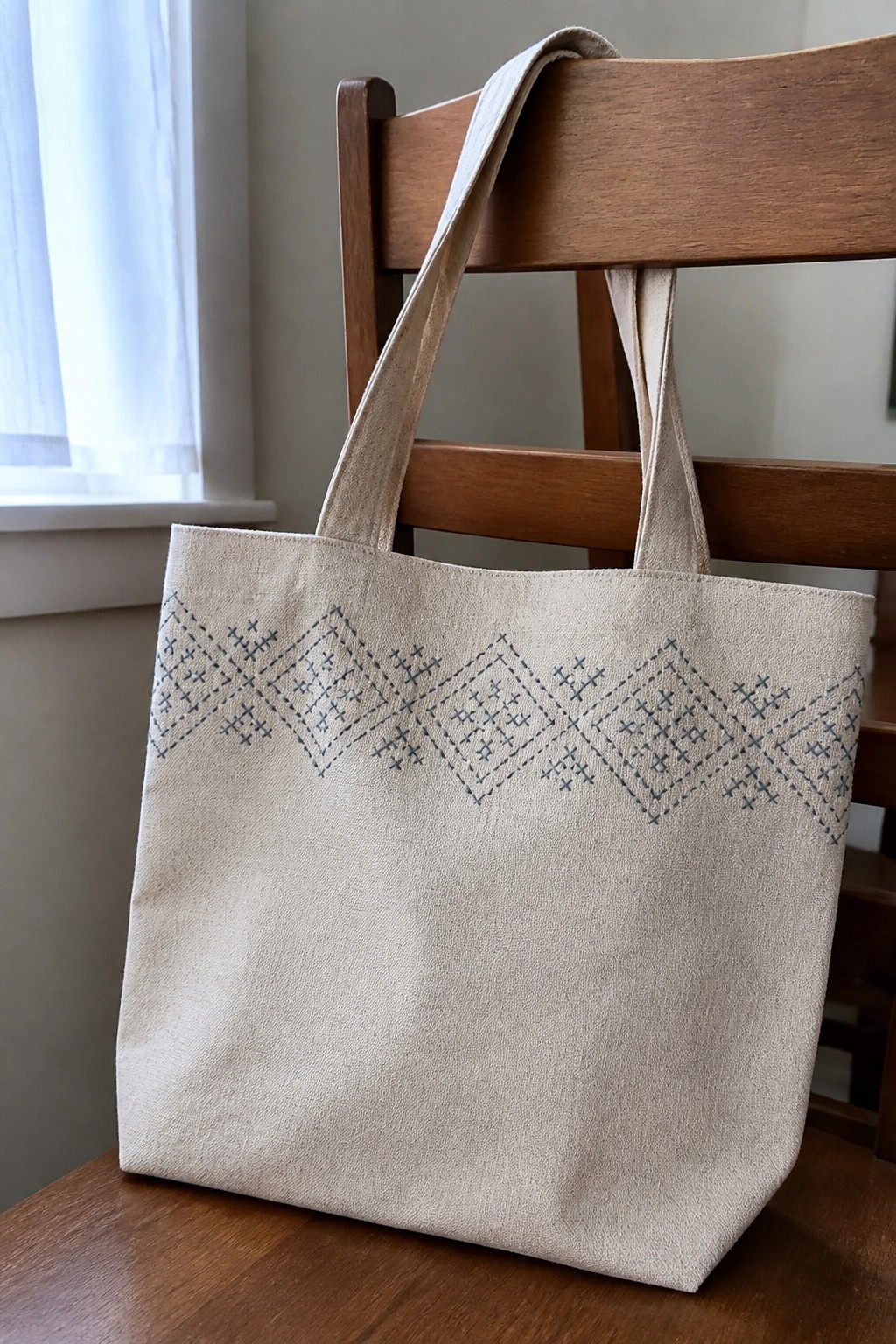 A beige canvas tote bag with a horizontal band of blue-gray diamond embroidery near the top edge, resting against a wooden chair.