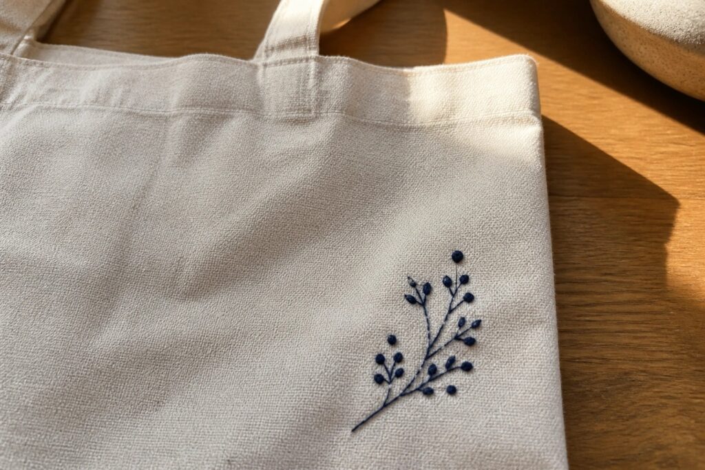 A canvas tote bag with blue embroidered branch design resting on a wooden table.