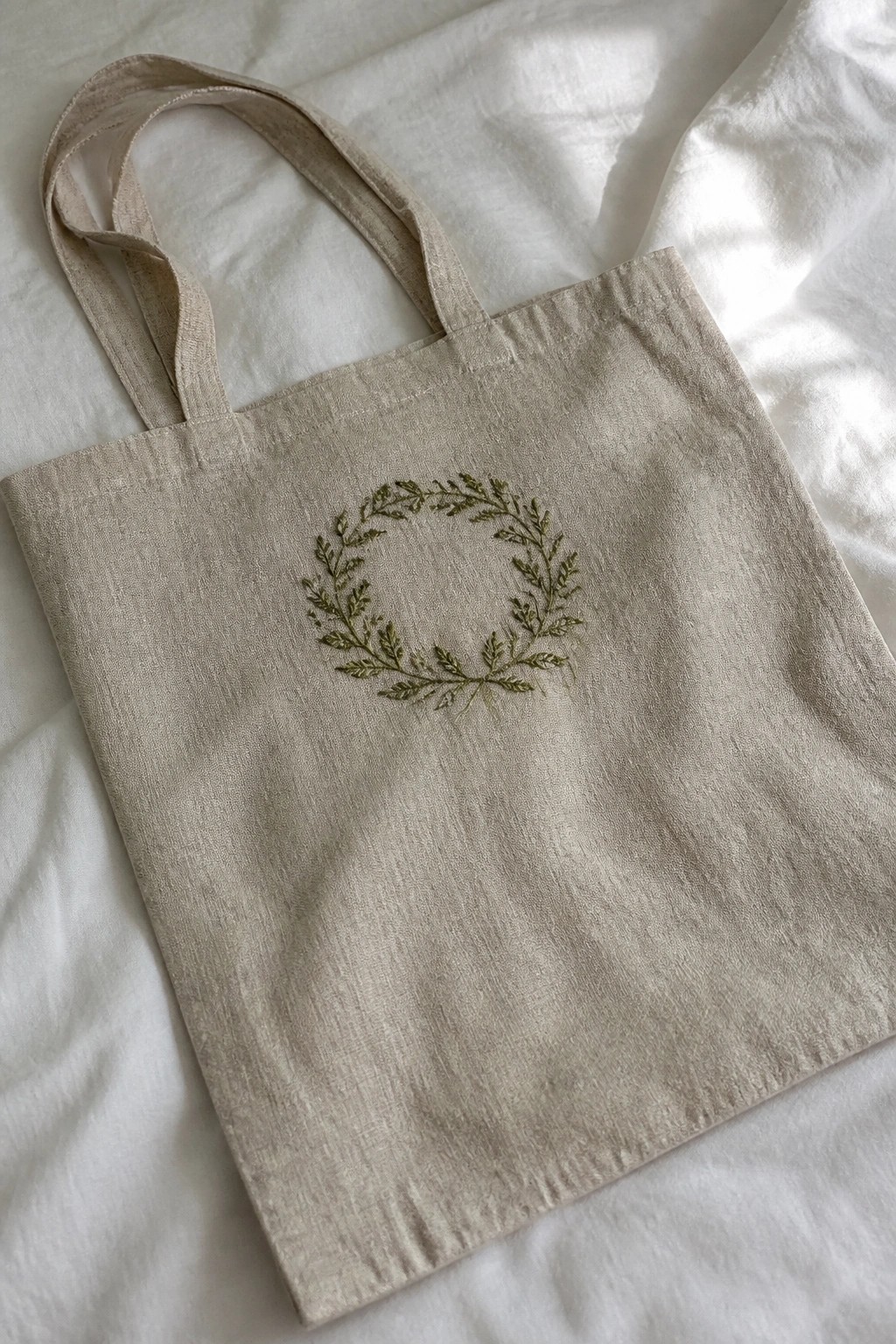 Beige tote bag with a centered circular wreath of green leafy branches embroidered on the front panel.