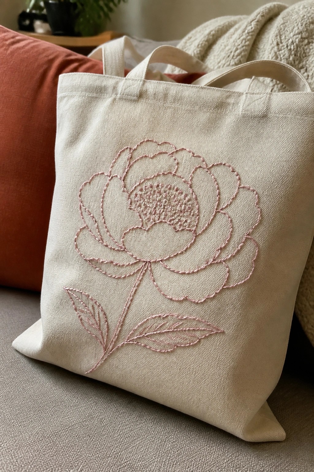Cream canvas tote bag with a large pink embroidered peony flower, stem, and leaves centered on the front.