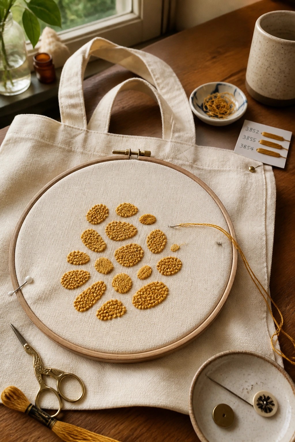 Cream tote bag in an embroidery hoop with scattered small golden-yellow oval stitches and nearby thread samples on a wooden table.