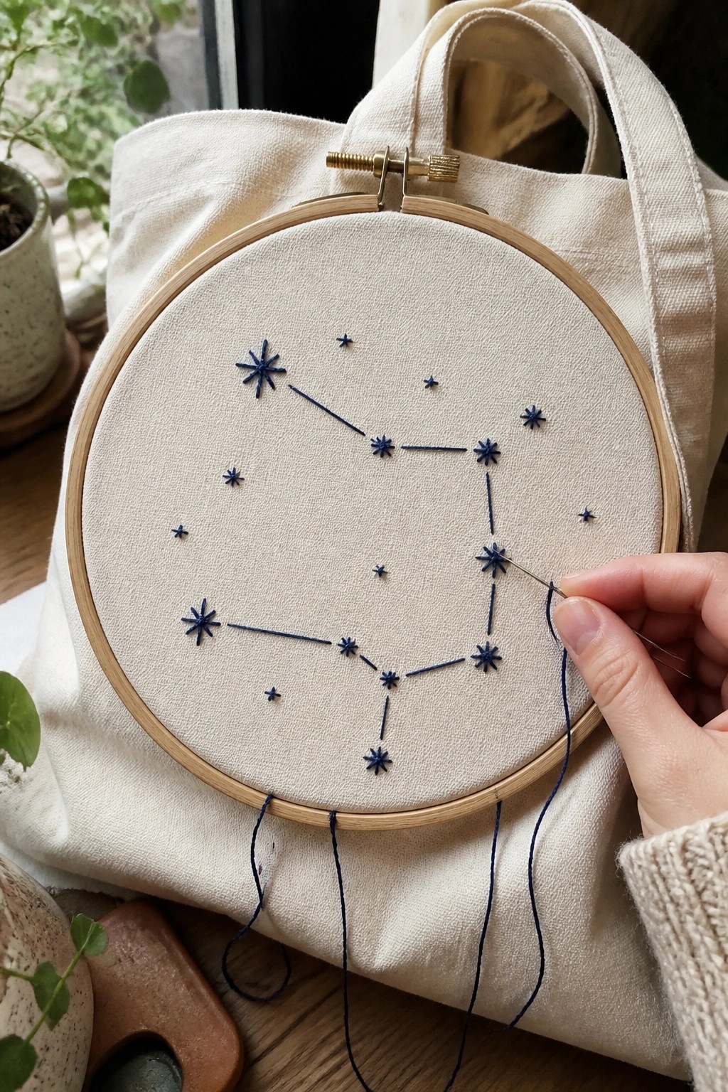 Hand embroidering constellation in blue thread on fabric in wooden hoop over tote bag.