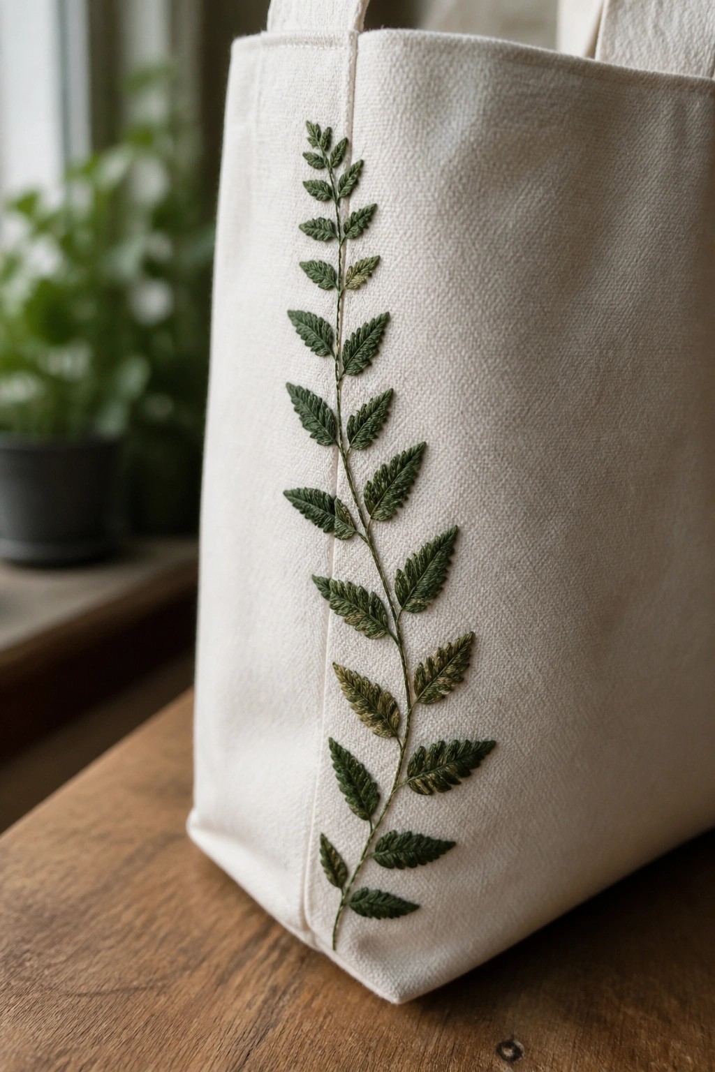 White canvas tote bag with green embroidered fern stem running vertically beside the side seam.