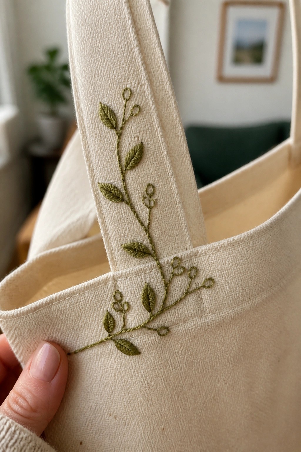 Cream tote bag with green leaf embroidery on strap held by hand