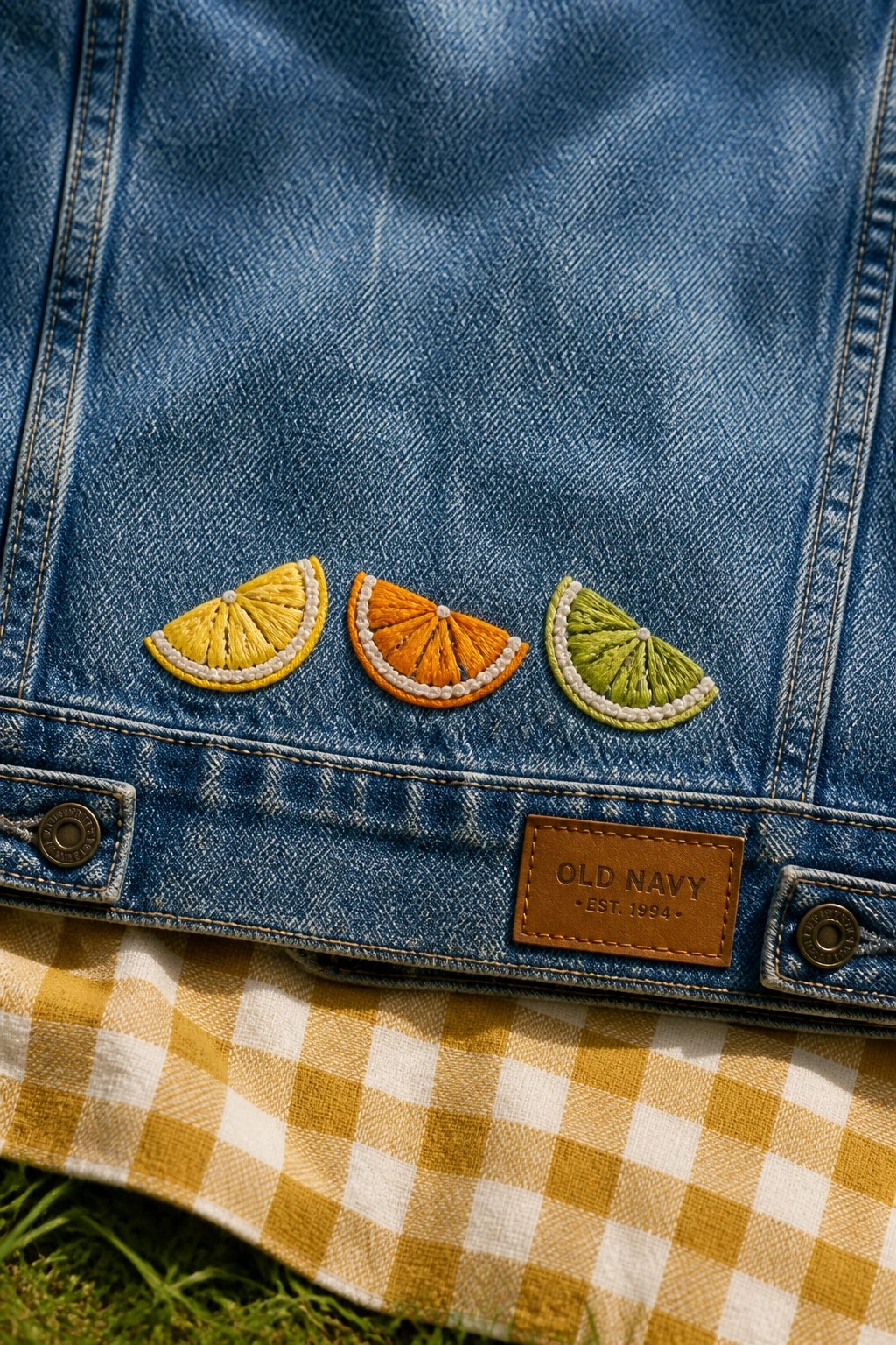 Blue denim jacket with embroidered lemon, orange, and lime slices over yellow gingham