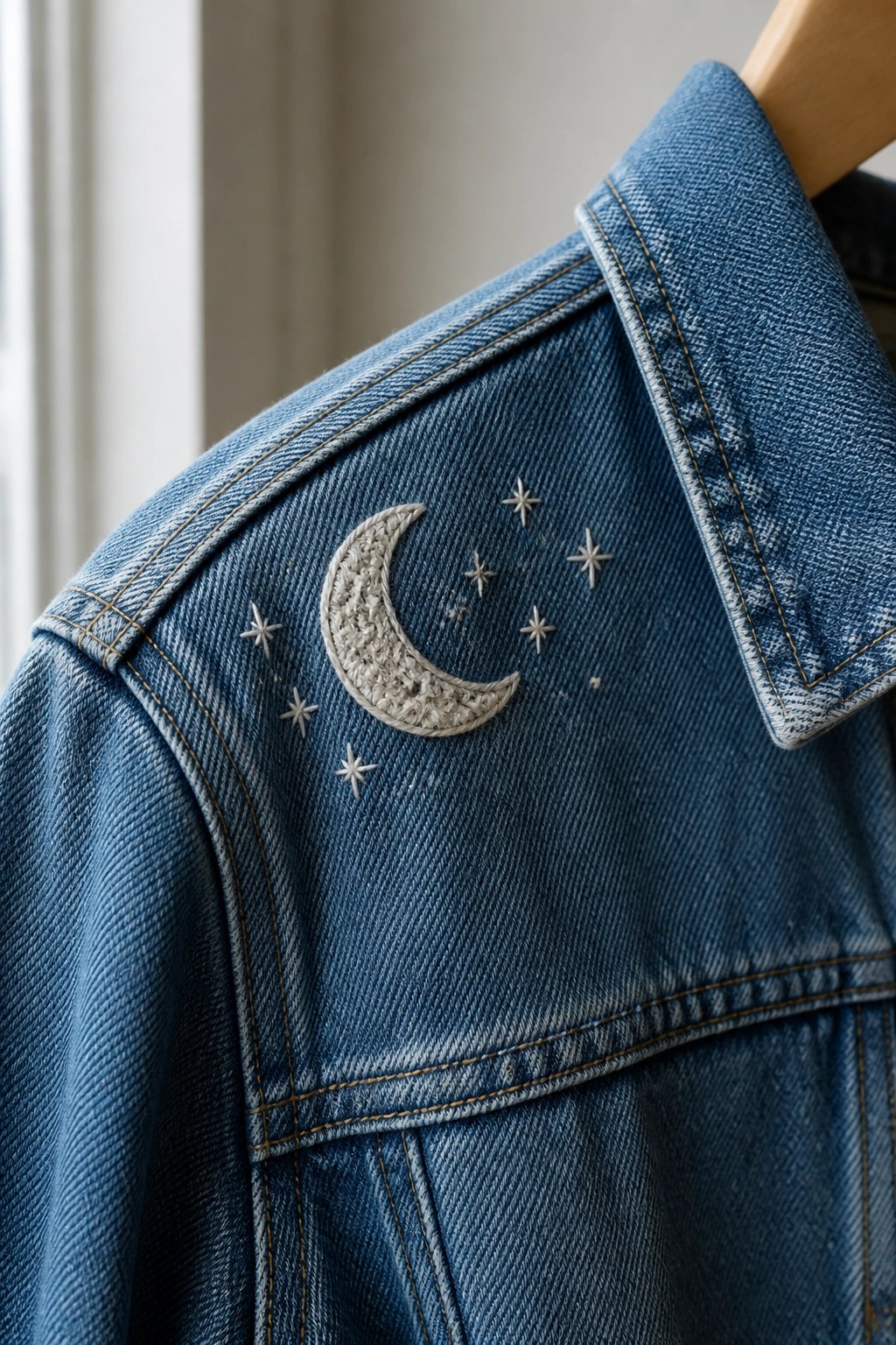 Blue denim jacket with embroidered crescent moon and stars on shoulder