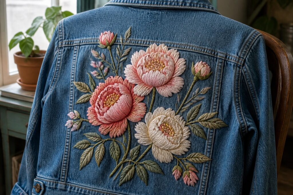 Denim jacket back with large embroidered peonies in pink and coral shades plus green leaves centered on the panel.