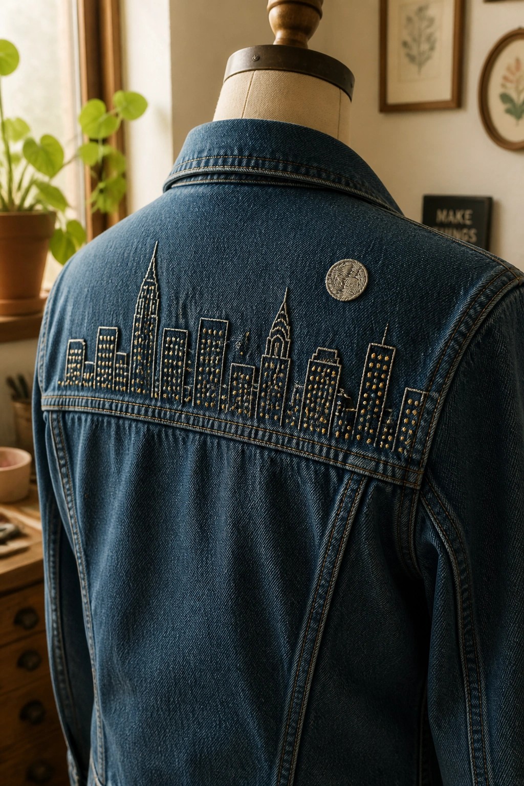 Denim jacket back with embroidered city skyline and small circular patch on the shoulder.