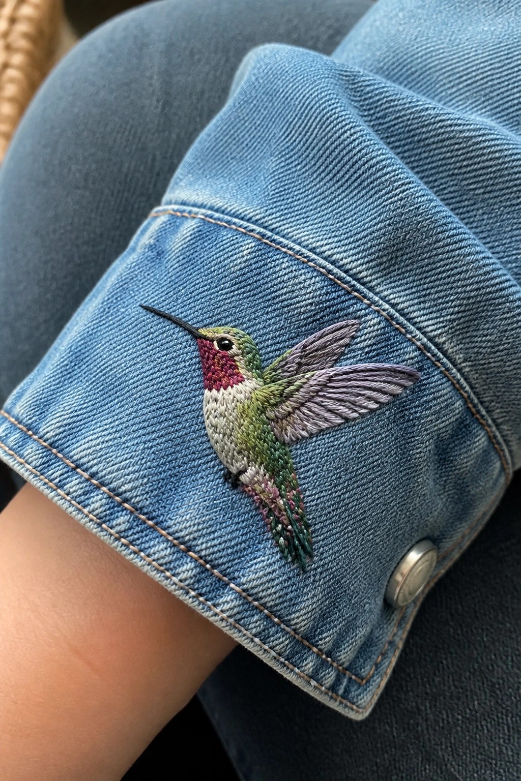 A colorful hummingbird embroidery on the cuff of a blue denim jacket.