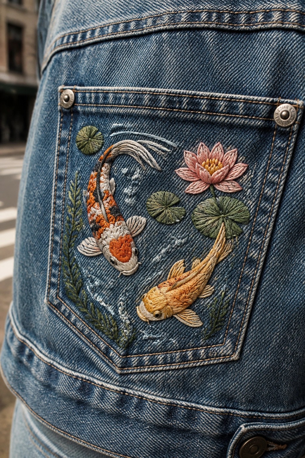 Close-up of blue denim jacket back pocket with embroidered orange and yellow koi fish, pink lotus flower, and green lily pads.