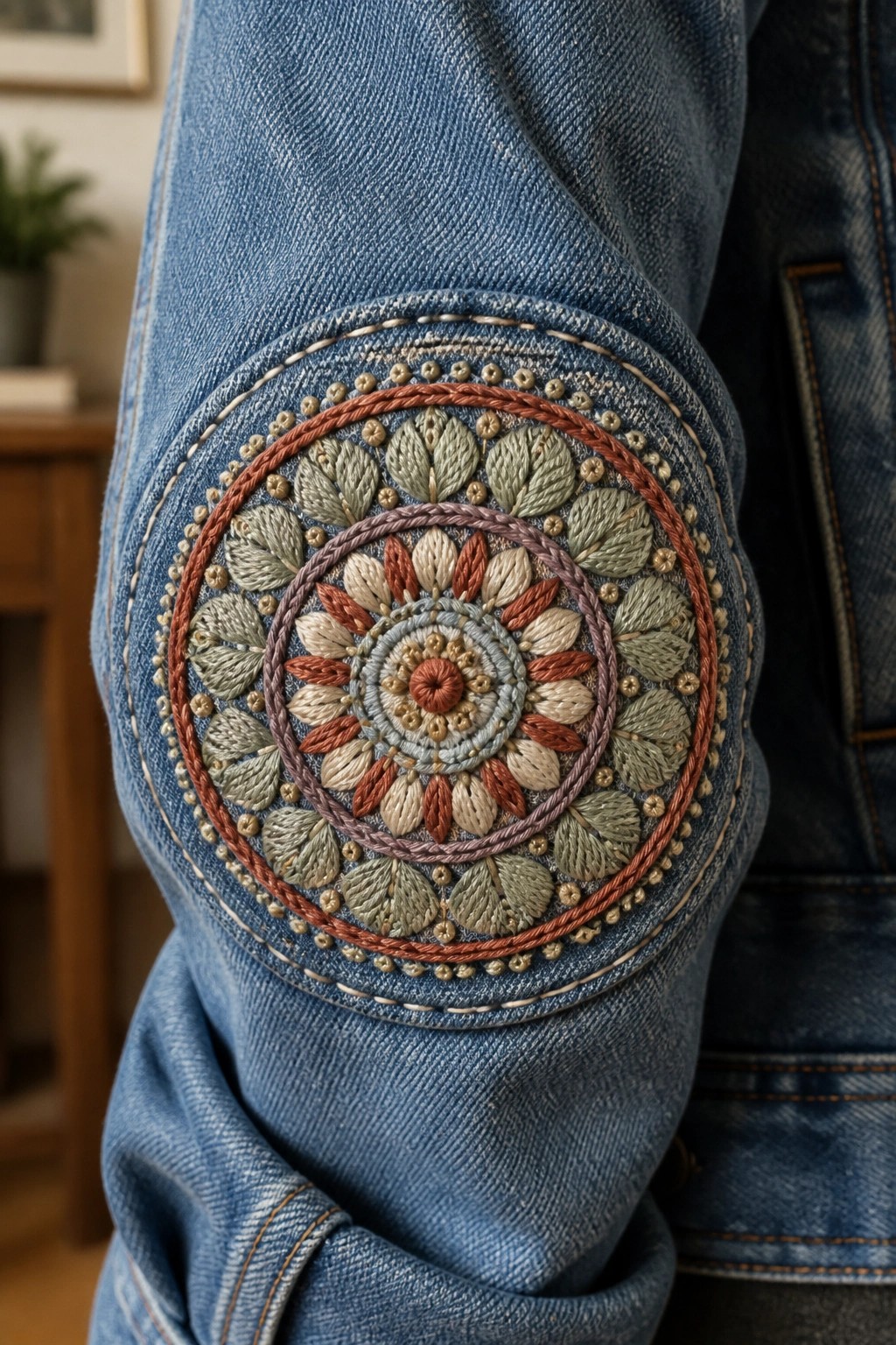 Intricate floral mandala embroidery on elbow of blue denim jacket