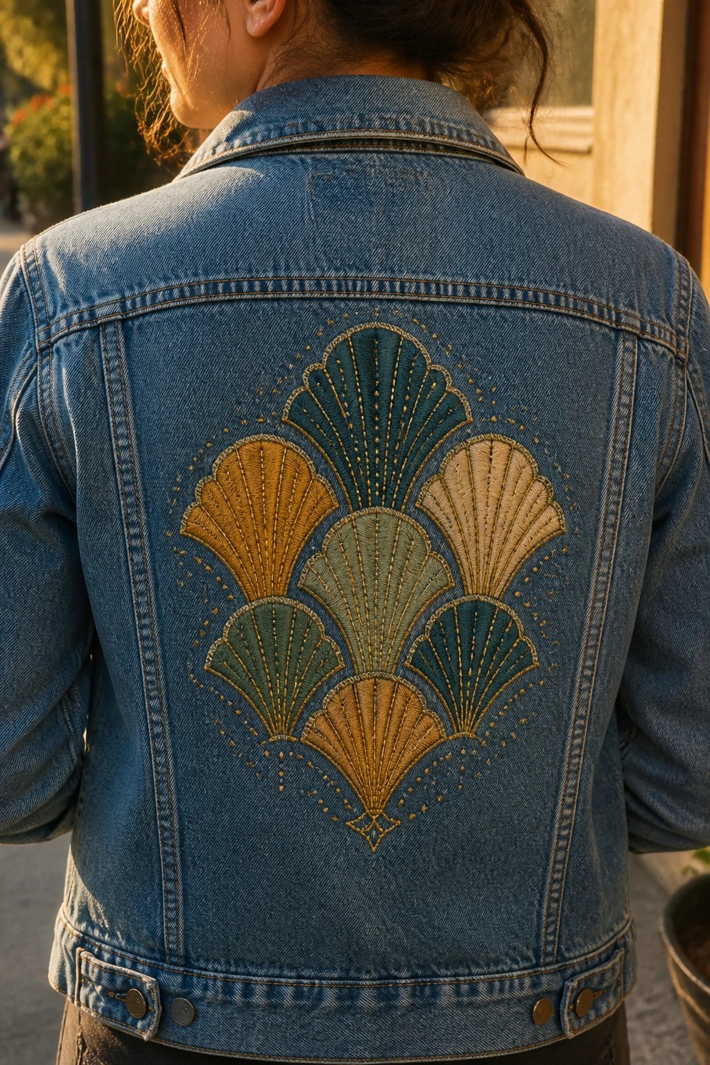 Close-up of blue denim jacket back with overlapping embroidered scallop shapes in teal, green, mustard, and beige threads.