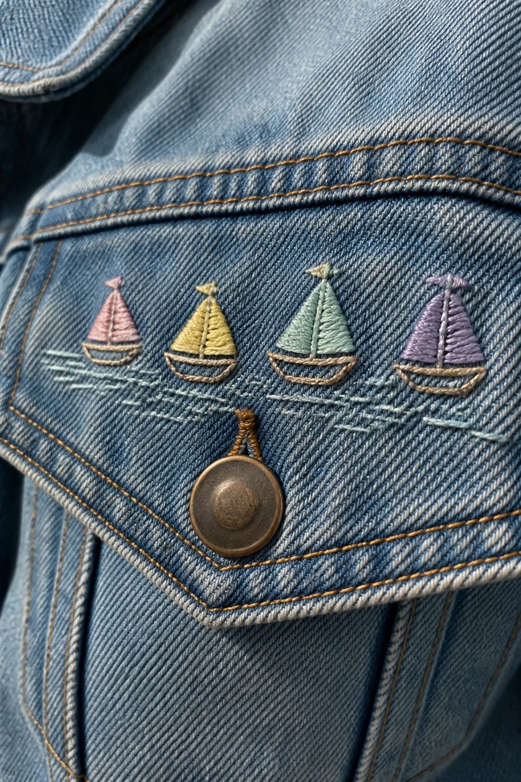 Light blue denim with four colorful embroidered sailboats above a brown button.