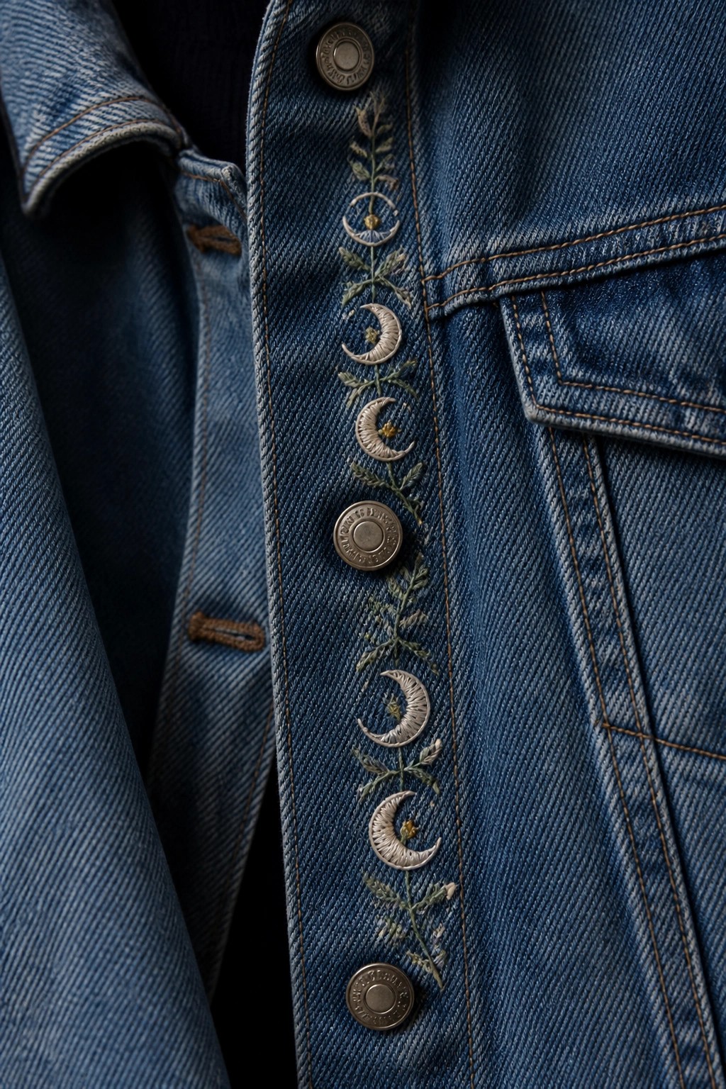 Close-up of blue denim jacket showing embroidered crescent moons and a green vine running beside the buttons on the placket.