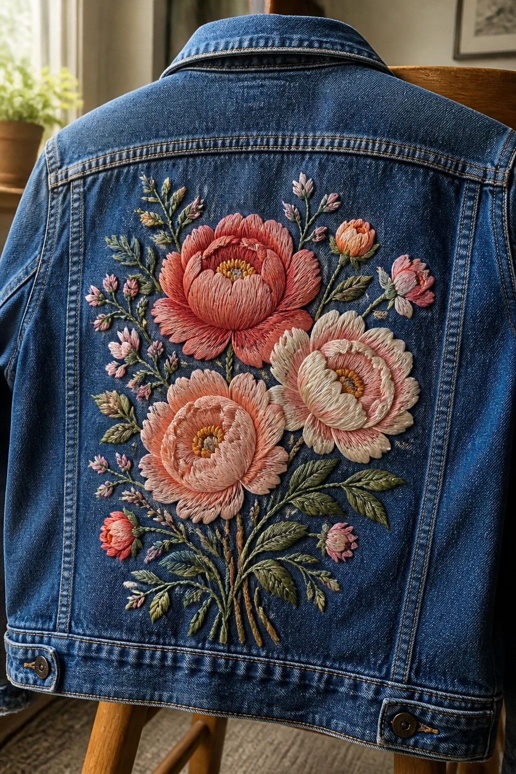 Denim jacket back with large embroidered peonies in pink and coral shades plus green leaves centered on the panel.