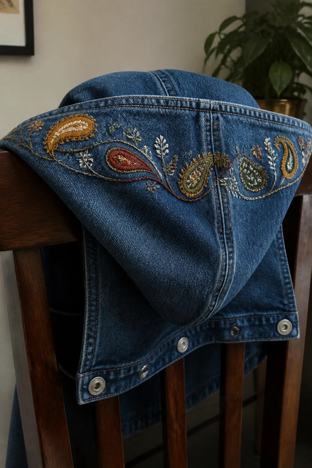Close-up of blue denim jacket back showing colorful paisley embroidery along the curved yoke seam.