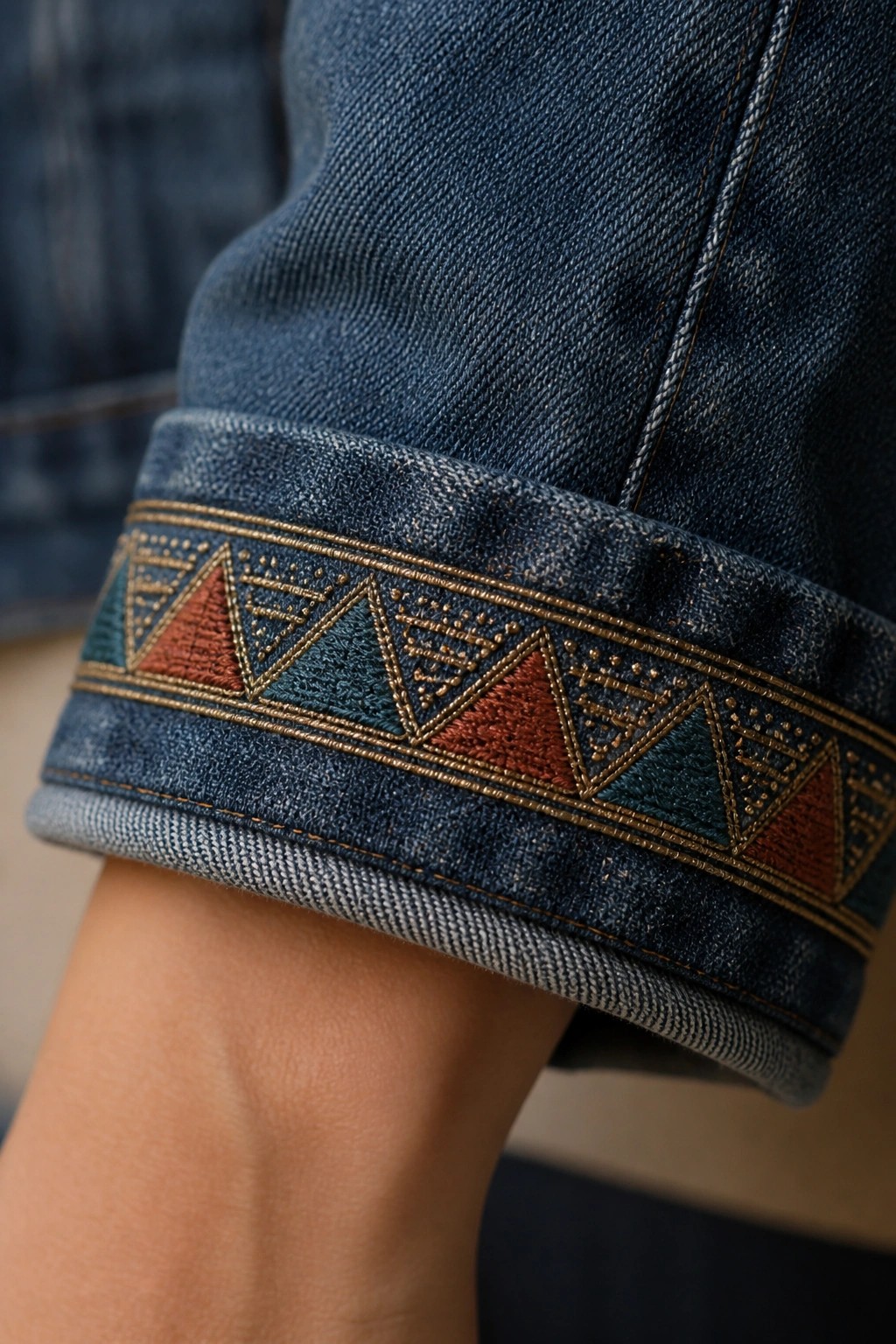 Rolled blue denim cuff with red and teal triangular embroidery and gold accents.