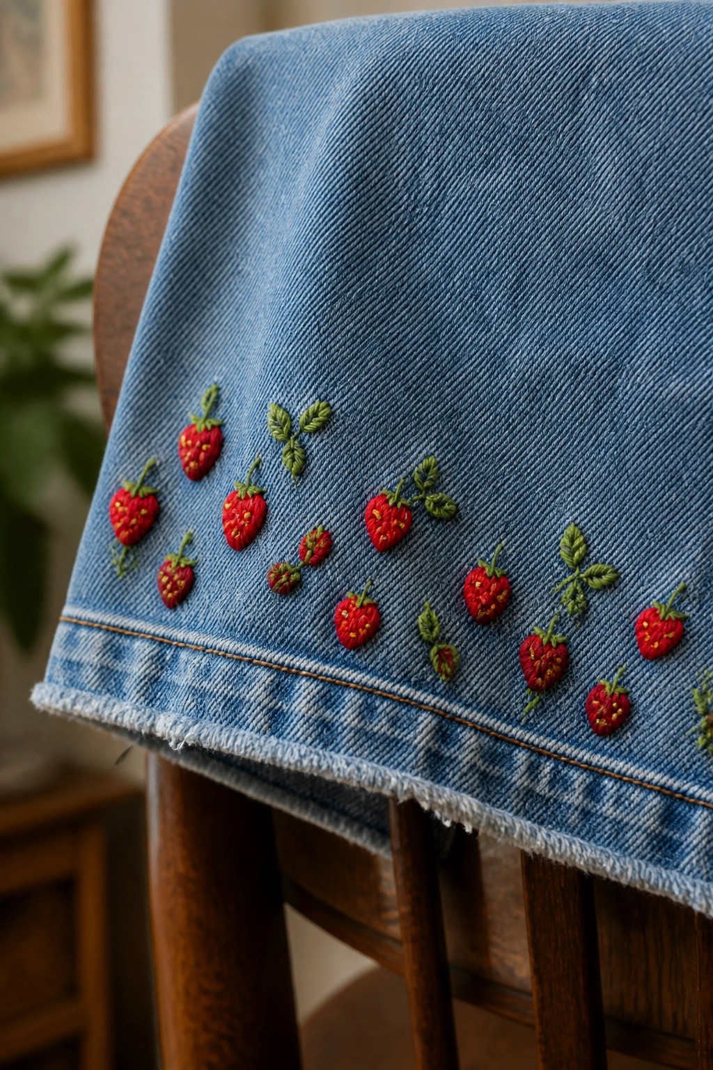 Blue denim with red embroidered strawberries and green leaves along the frayed hem edge.