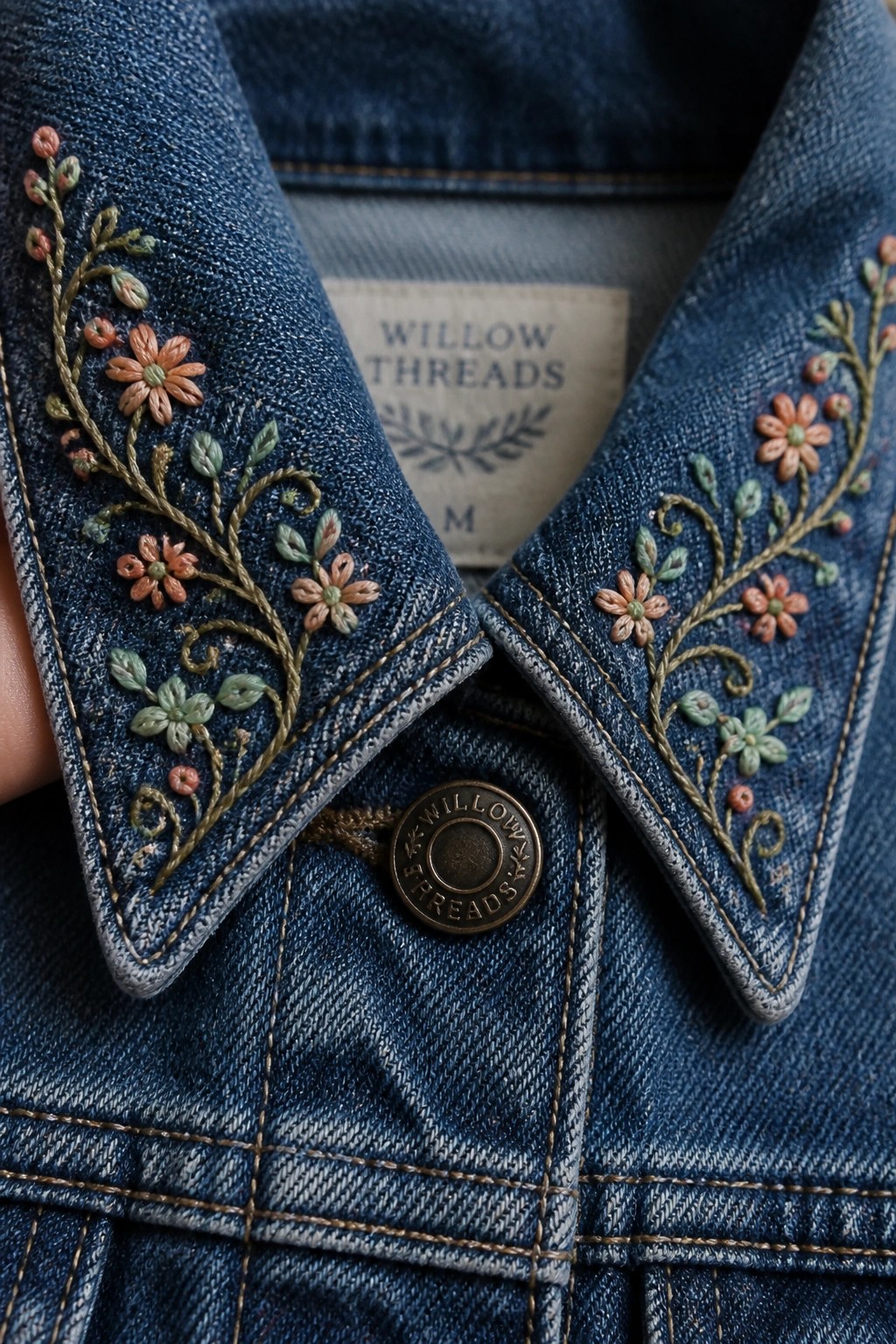 Blue denim jacket collar with pink floral embroidery and Willow Threads button