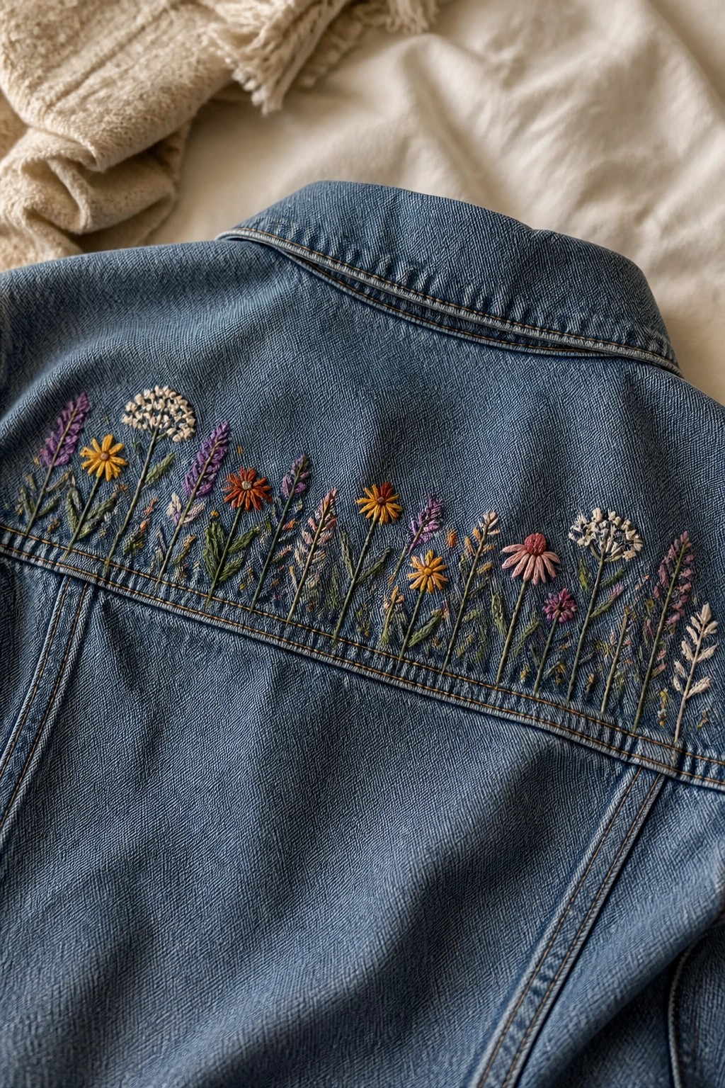Blue denim jacket with a horizontal row of colorful embroidered wildflowers across the upper back yoke.