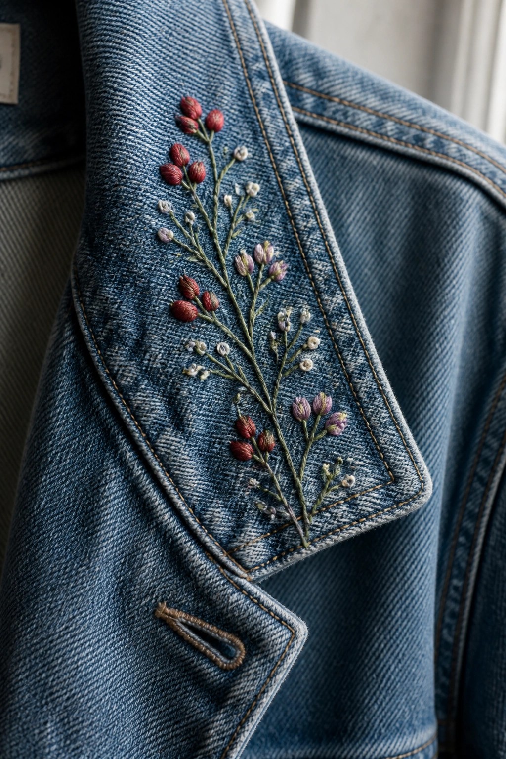 Blue denim jacket with delicate floral embroidery in red, purple, and green on collar.