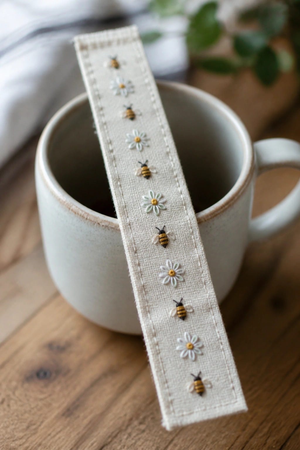 A narrow strip of off-white fabric embroidered with alternating bees and daisies rests across the rim of a ceramic mug.