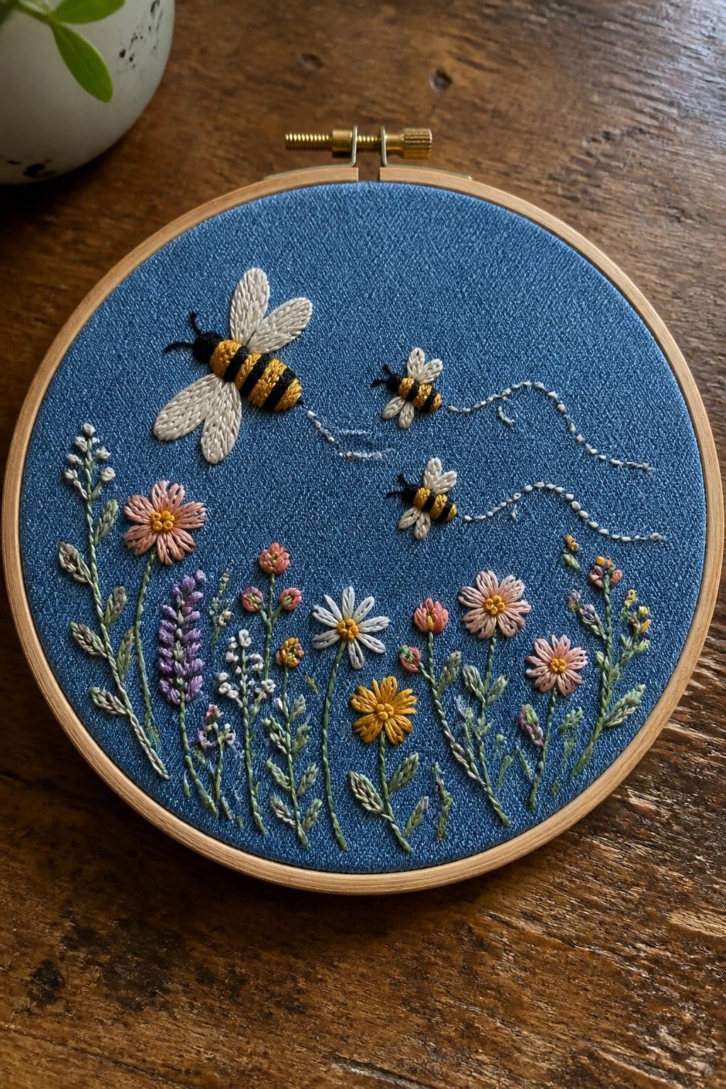 Round off-white felt coin purse with metal clasp, embroidered bee above a honey jar labeled HONEY with small flowers and leaves at the base.