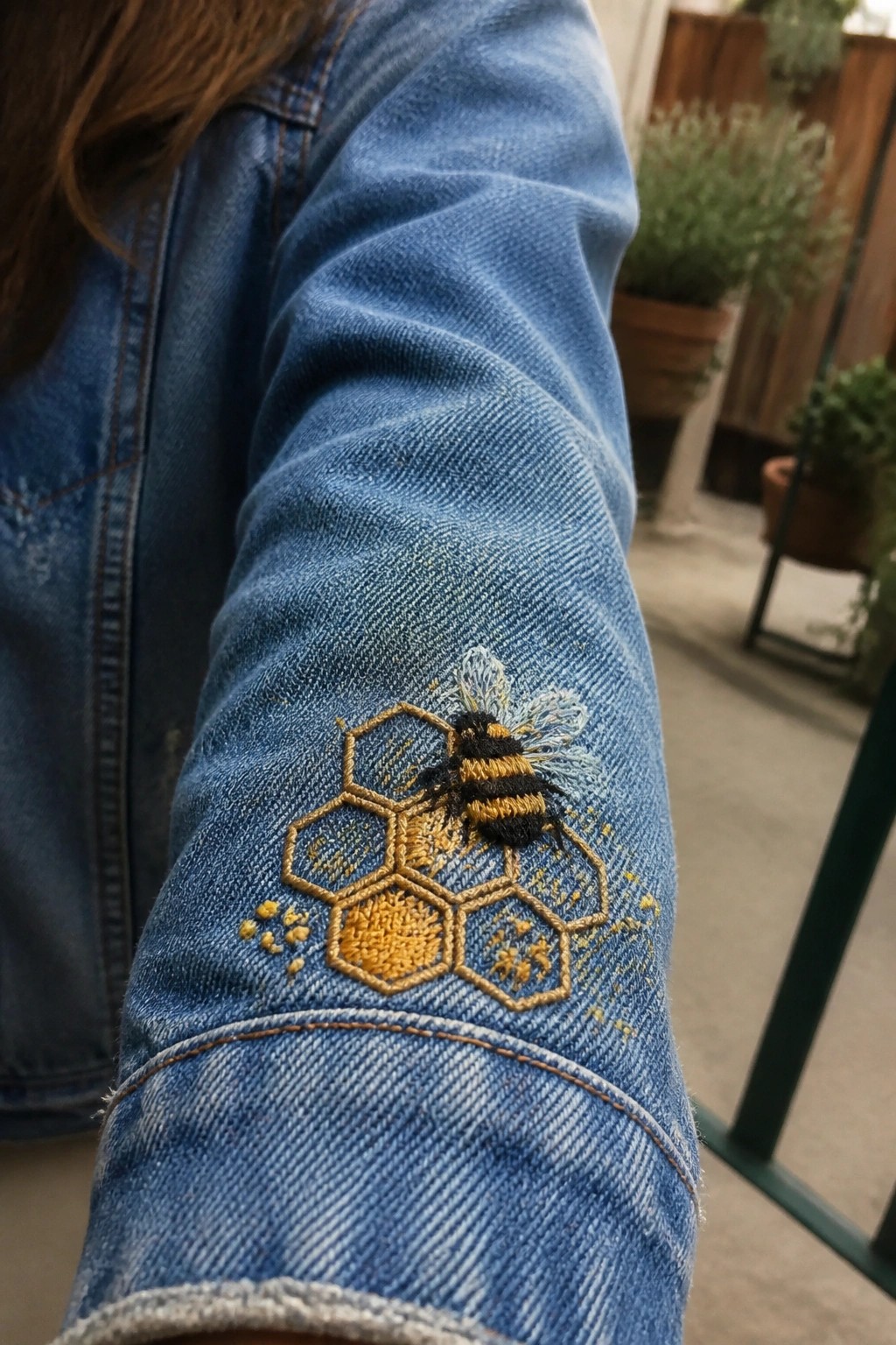 Close-up of blue denim shirt pocket with embroidered bee and honeycomb in yellow and beige thread.
