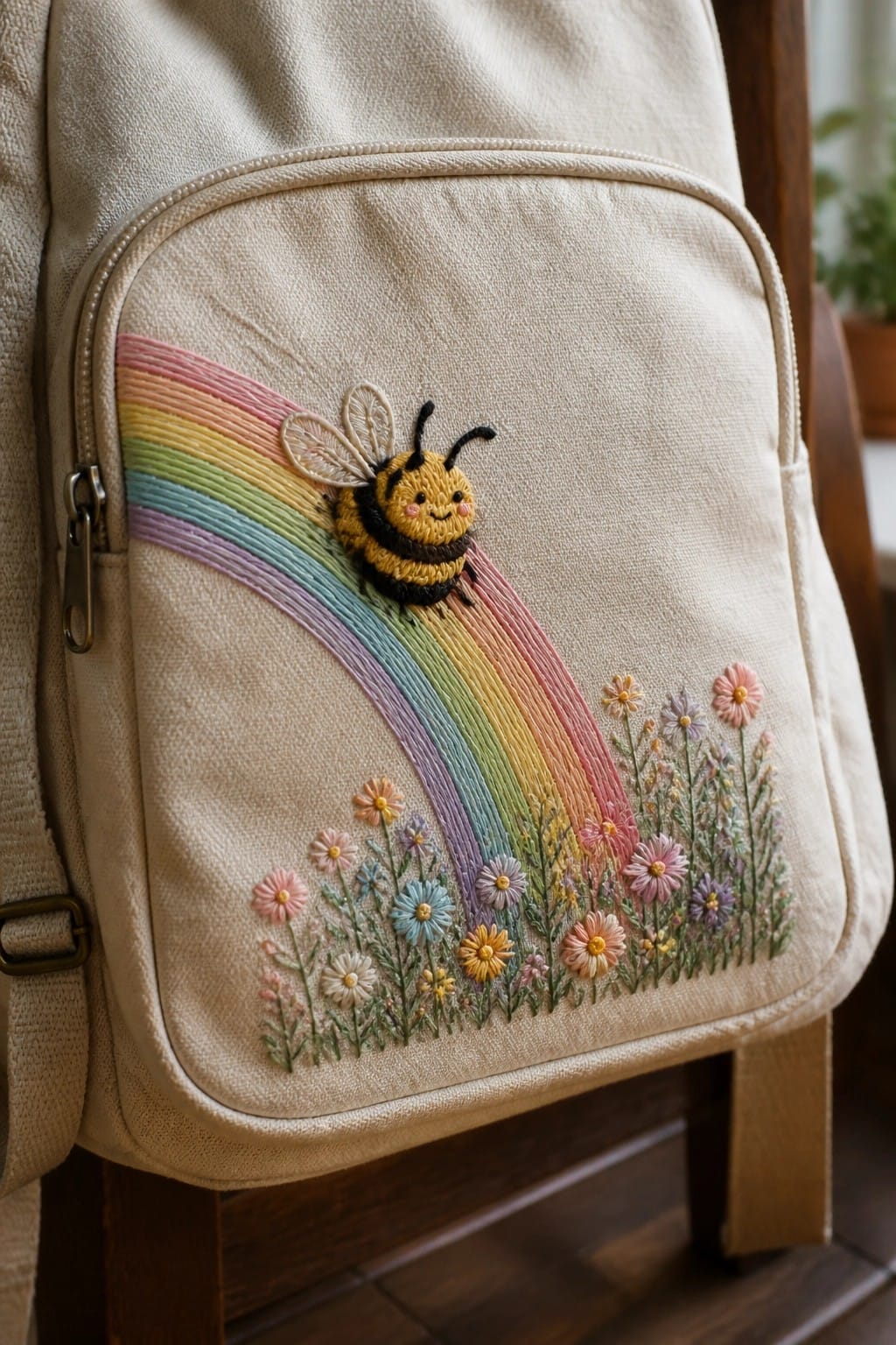A beige canvas backpack shows an embroidered bee on a rainbow with flowers at the bottom.