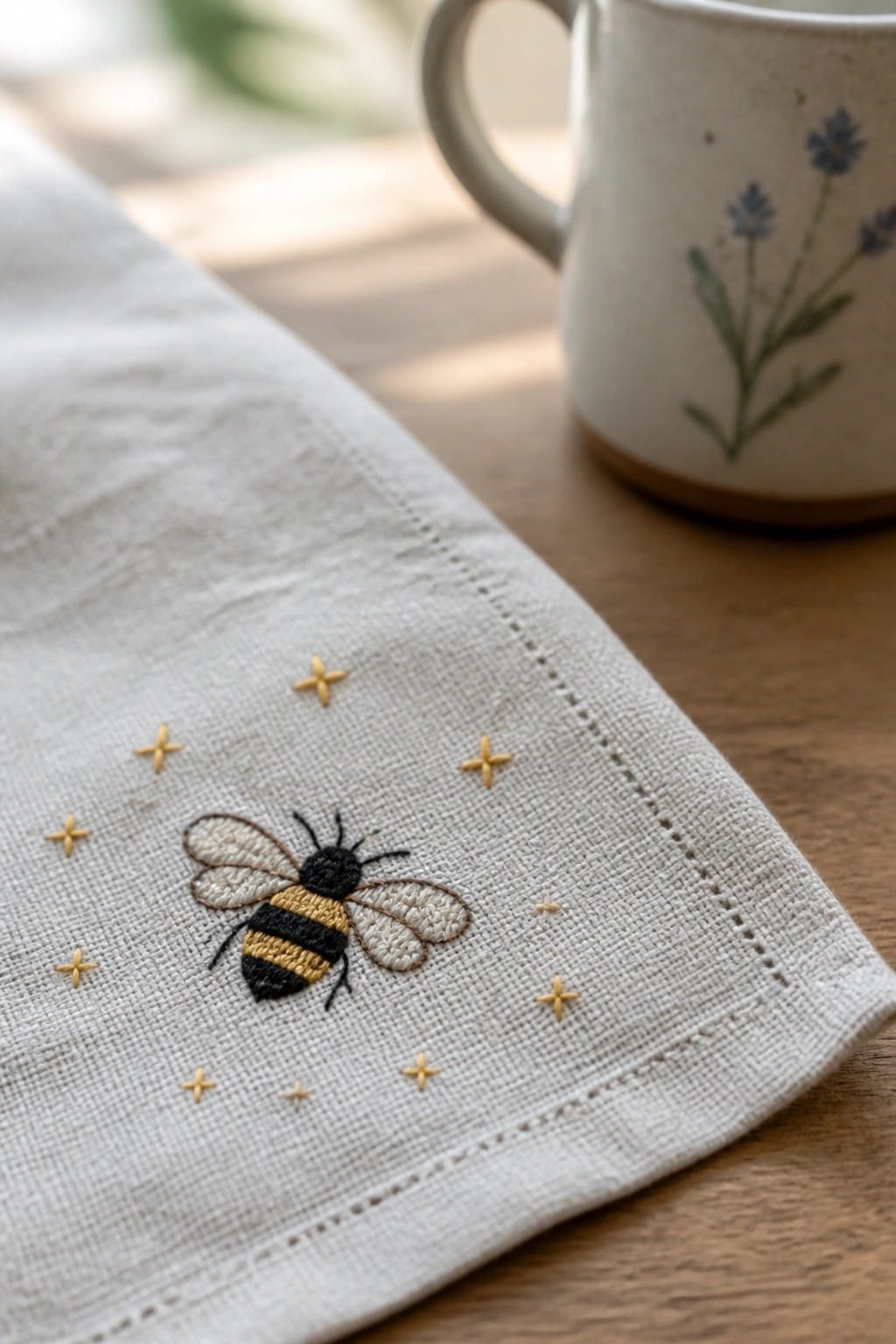 Beige fabric bookmark with embroidered bee above a green leaf and green border stitching, resting on a quilt next to a mug.