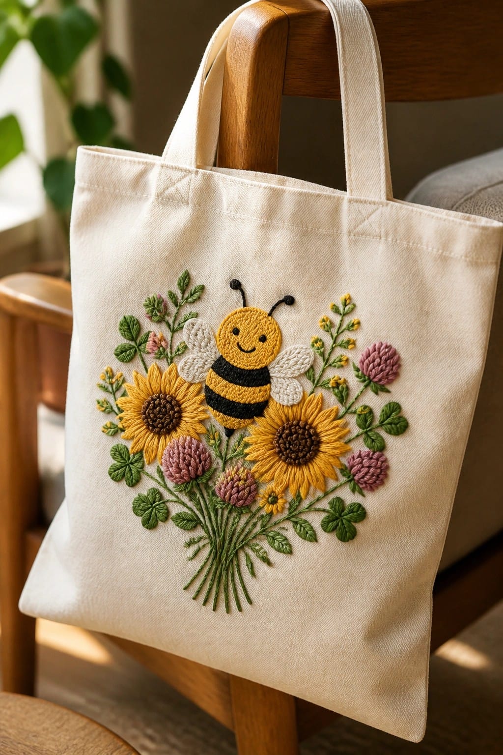 Cream tote bag embroidered with smiling bee, sunflowers, and pink flowers.
