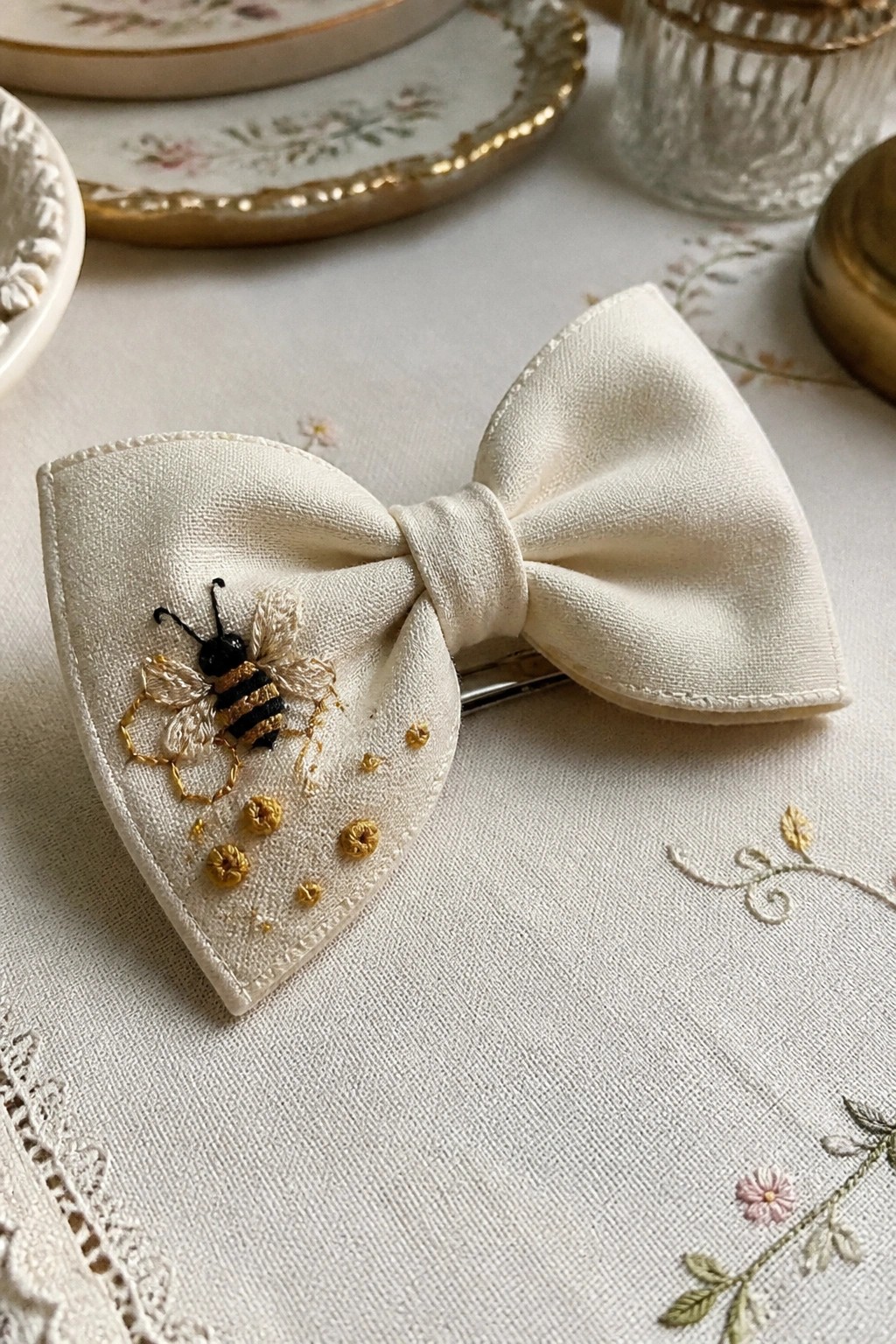 Framed corkboard with three pinned fabrics showing bee drawings and embroideries.