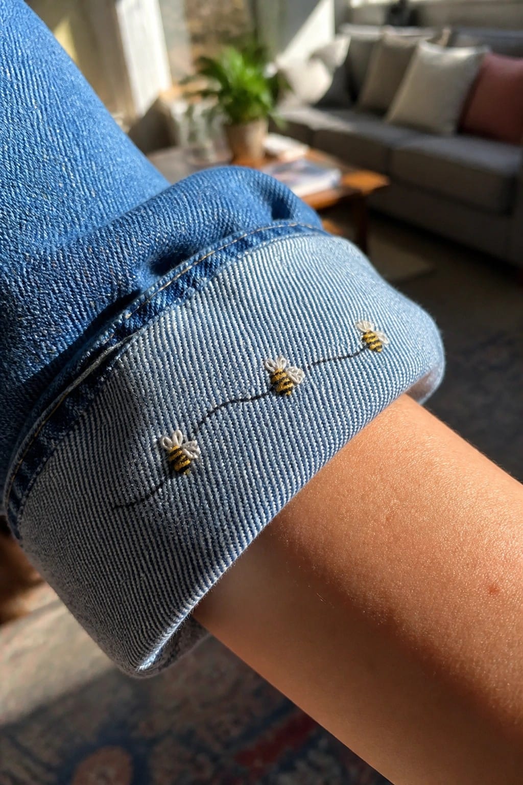 Blue denim cuff rolled up, embroidered with three bees on a dashed line